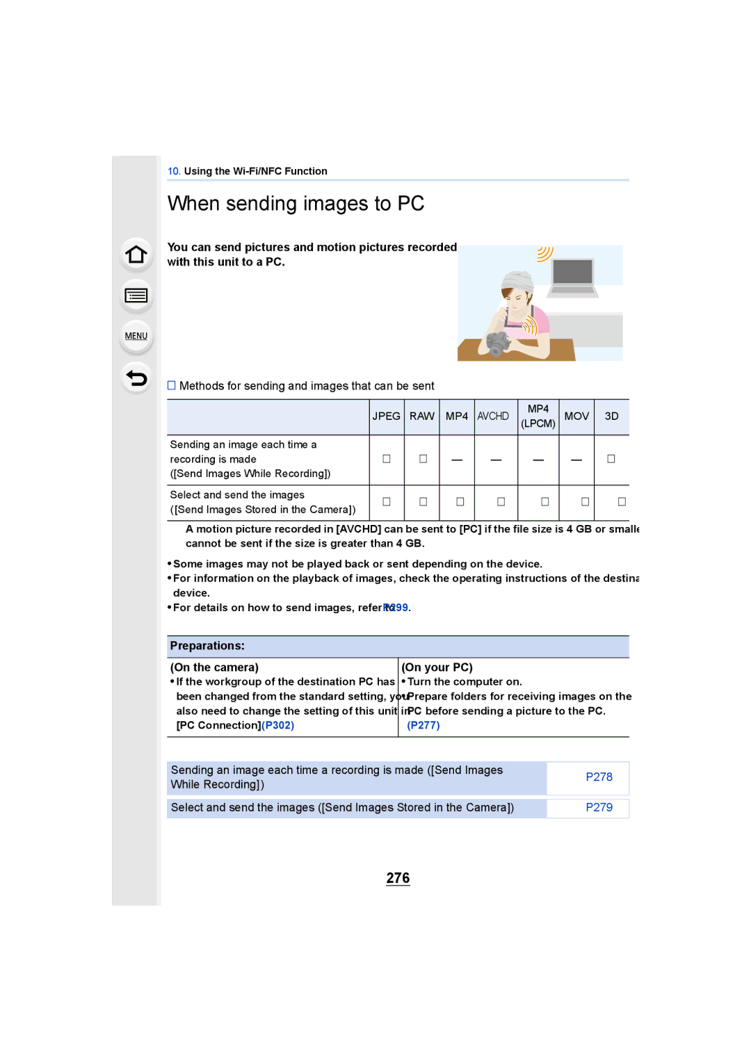 Panasonic DMCGH4KBODY, DMCGH4YAGH When sending images to PC, 276, Preparations On the camera On your PC, Lpcm MOV 