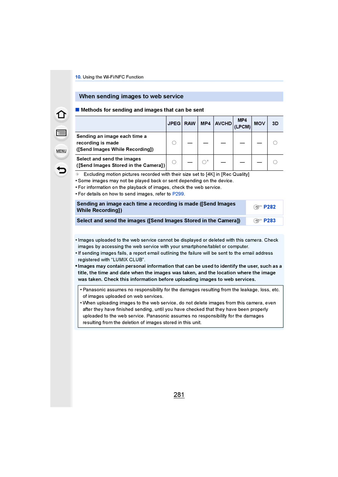 Panasonic DMCGH4YAGH, DMCGH4KBODY owner manual 281, When sending images to web service 