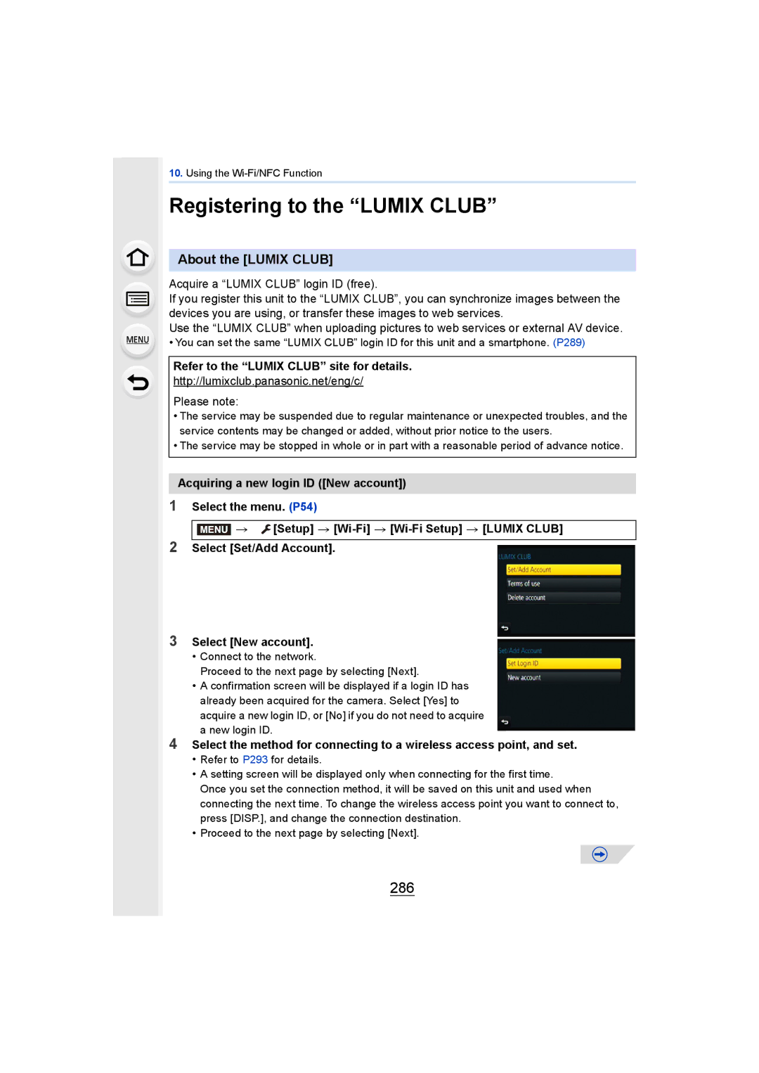 Panasonic DMCGH4KBODY Registering to the Lumix Club, 286, About the Lumix Club, Refer to the Lumix Club site for details 