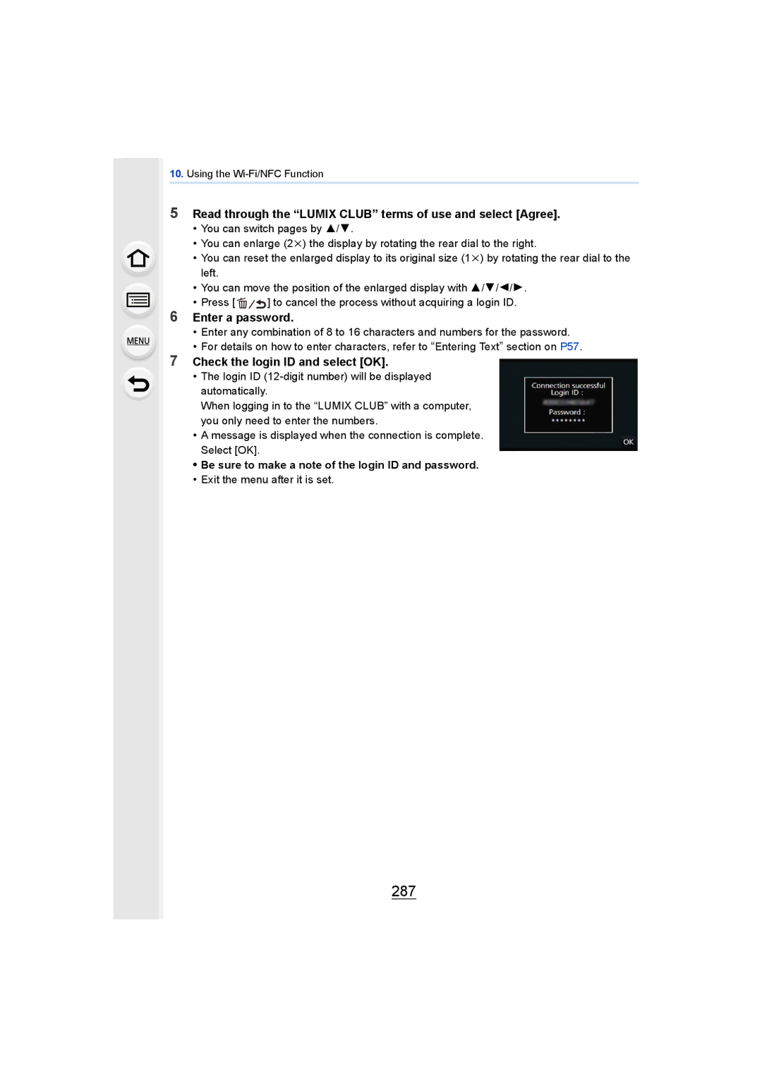 Panasonic DMCGH4YAGH, DMCGH4KBODY 287, Read through the Lumix Club terms of use and select Agree, Enter a password 