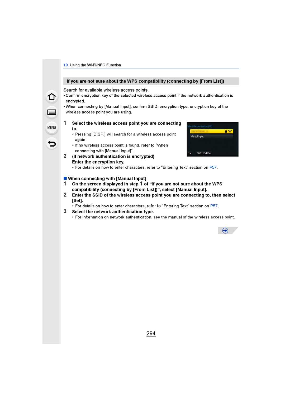 Panasonic DMCGH4KBODY, DMCGH4YAGH 294, Search for available wireless access points, When connecting with Manual Input 