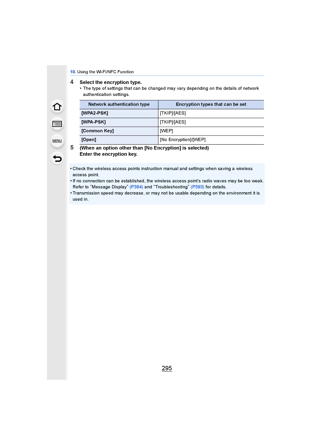 Panasonic DMCGH4YAGH, DMCGH4KBODY owner manual 295, Select the encryption type, WPA2-PSK TKIP/AES WPA-PSK, Wep 