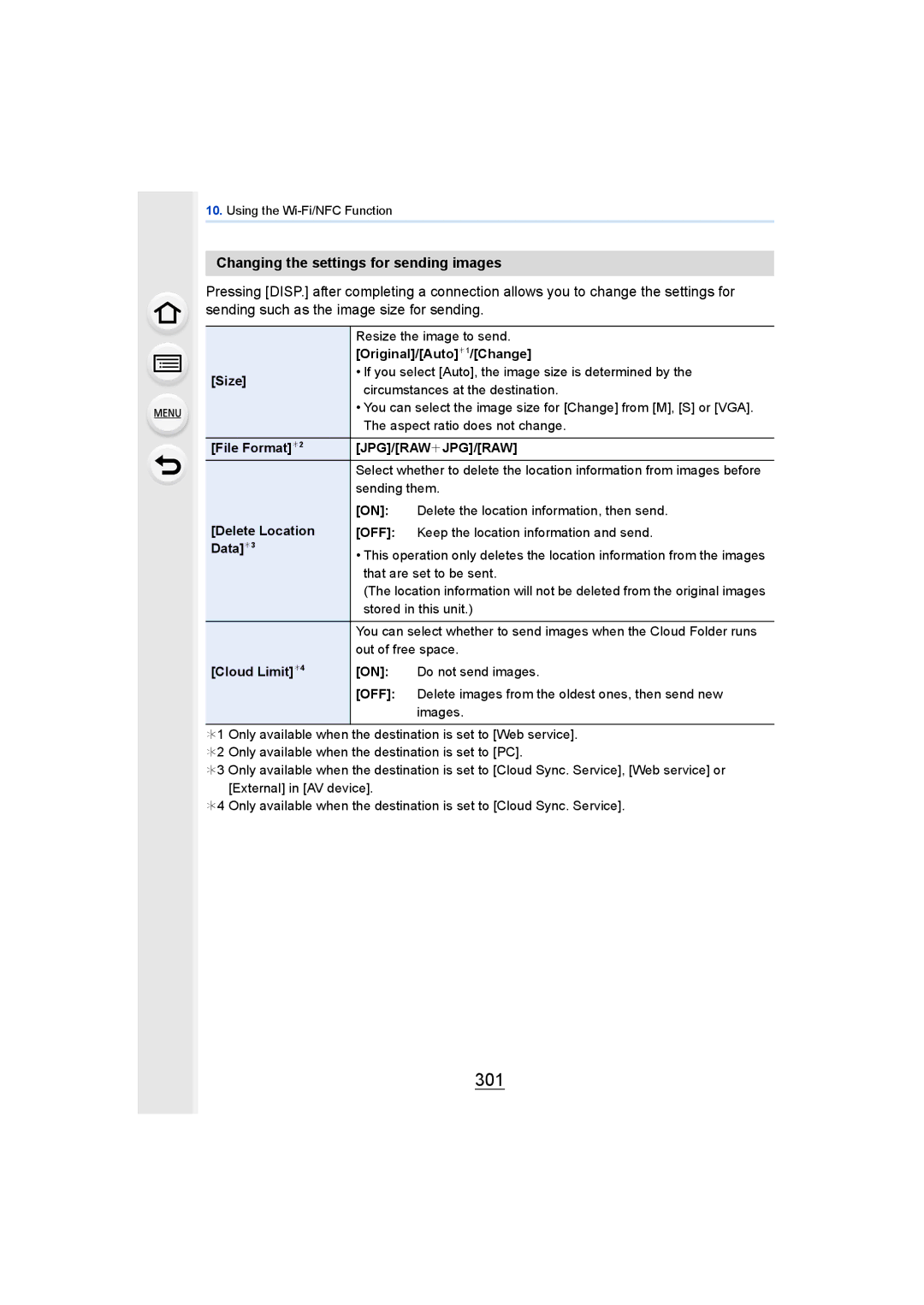 Panasonic DMCGH4YAGH, DMCGH4KBODY owner manual 301, Changing the settings for sending images 