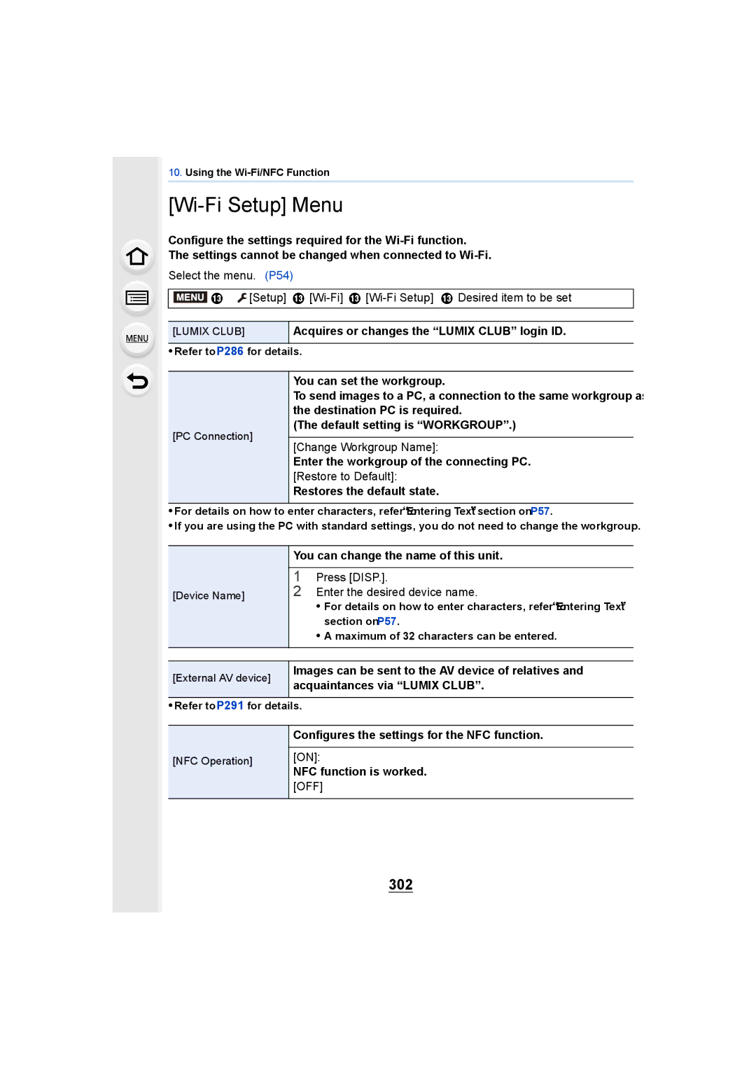 Panasonic DMCGH4KBODY Wi-Fi Setup Menu, 302, Change Workgroup Name, Restore to Default Restores the default state 