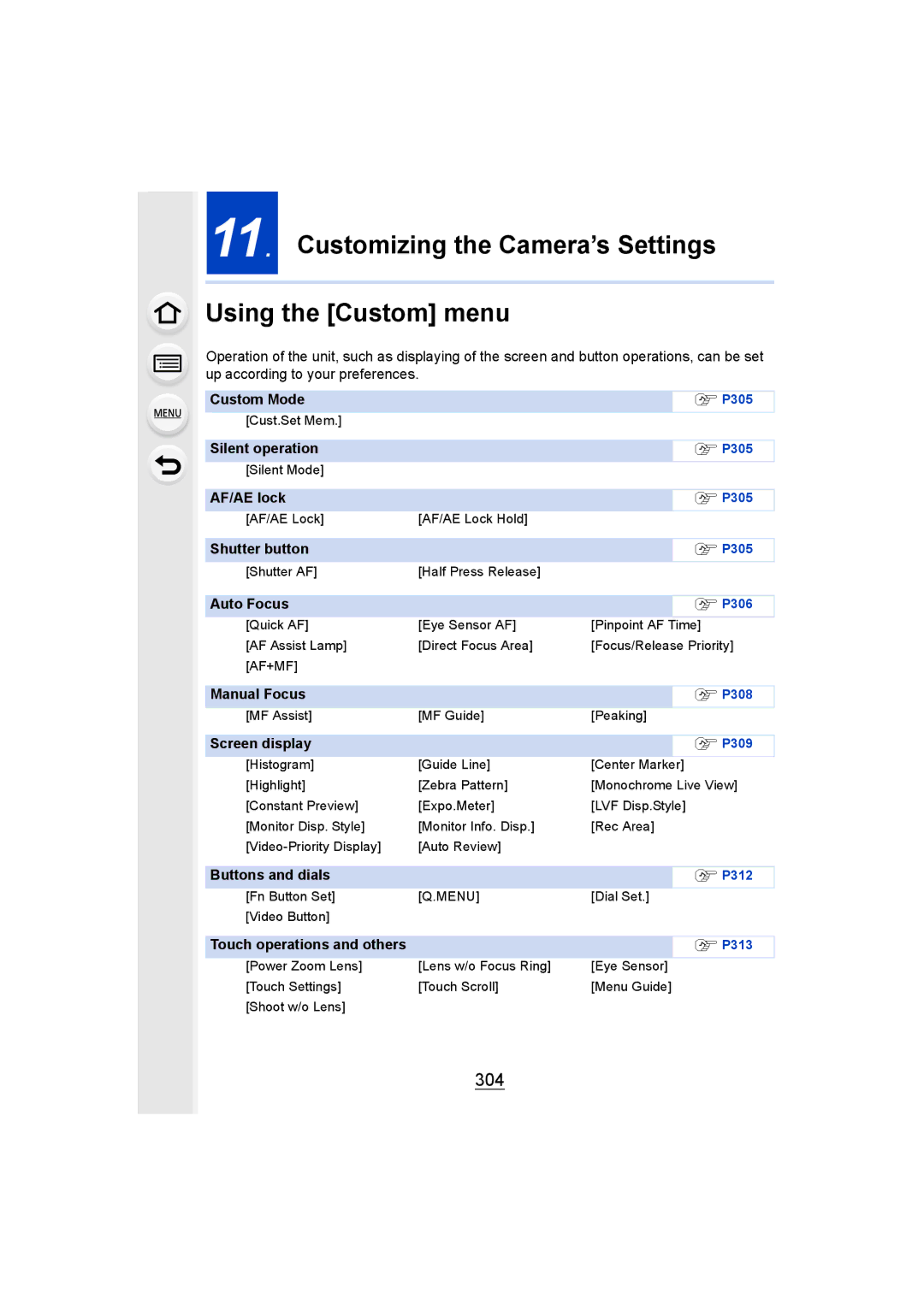 Panasonic DMCGH4KBODY, DMCGH4YAGH owner manual Customizing the Camera’s Settings Using the Custom menu, 304 