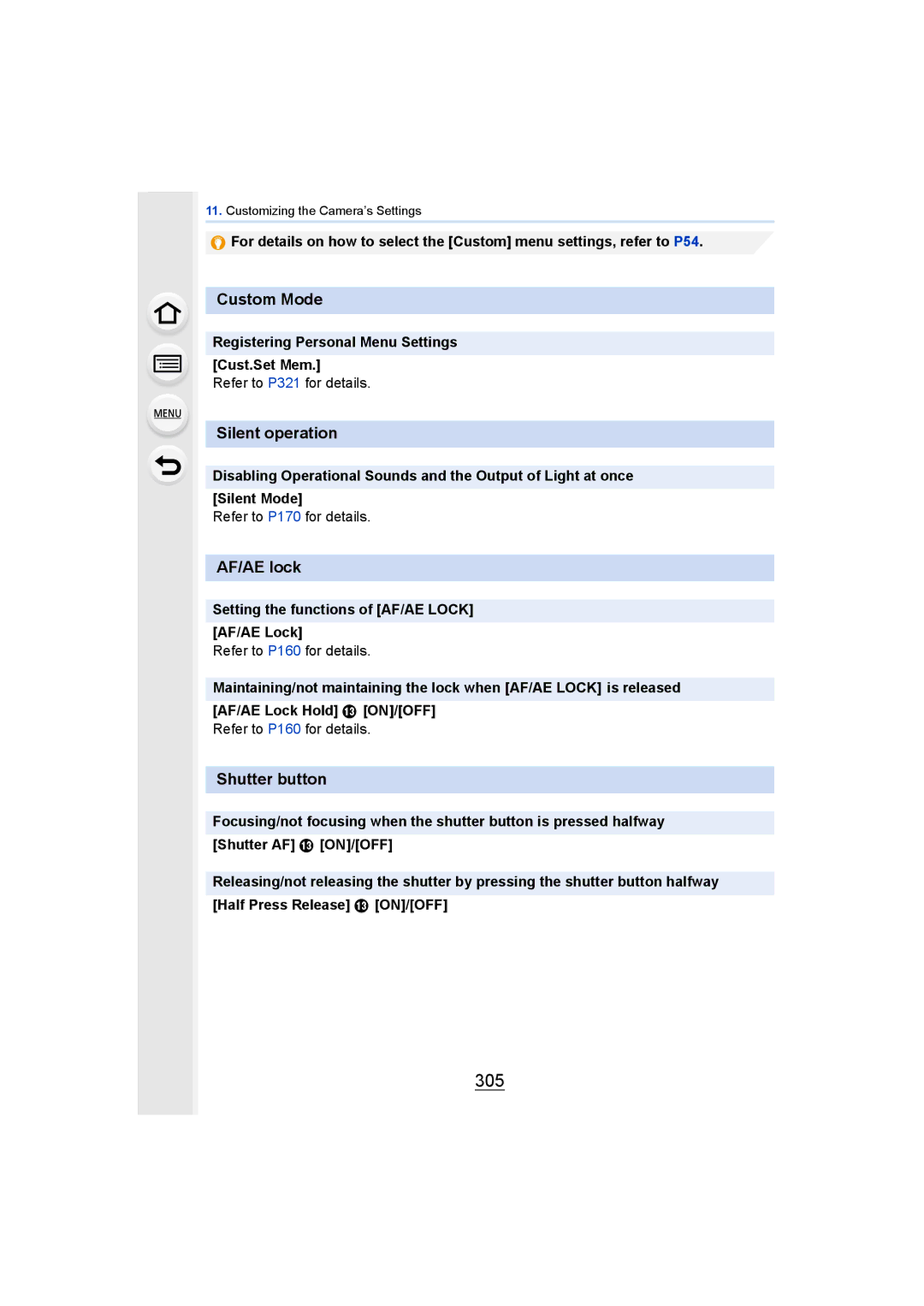 Panasonic DMCGH4YAGH, DMCGH4KBODY owner manual 305, Custom Mode, Silent operation, AF/AE lock, Shutter button 
