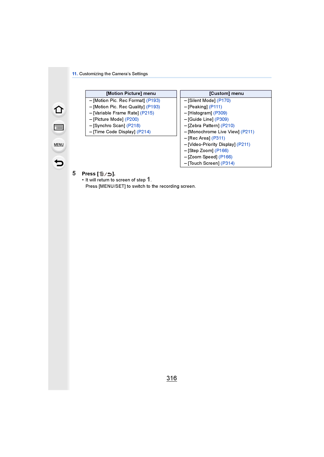 Panasonic DMCGH4KBODY, DMCGH4YAGH owner manual 316, Motion Picture menu, Custom menu 