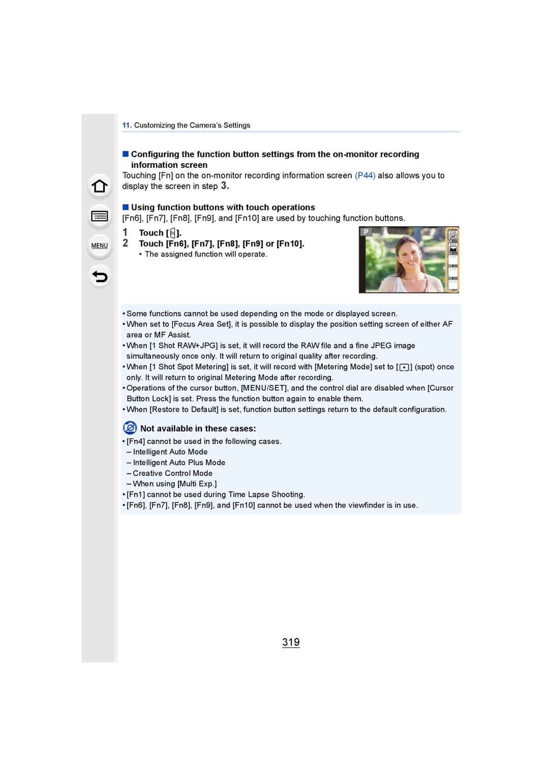 Panasonic DMCGH4YAGH owner manual 319, Using function buttons with touch operations, Touch Touch Fn6, Fn7, Fn8, Fn9 or Fn10 