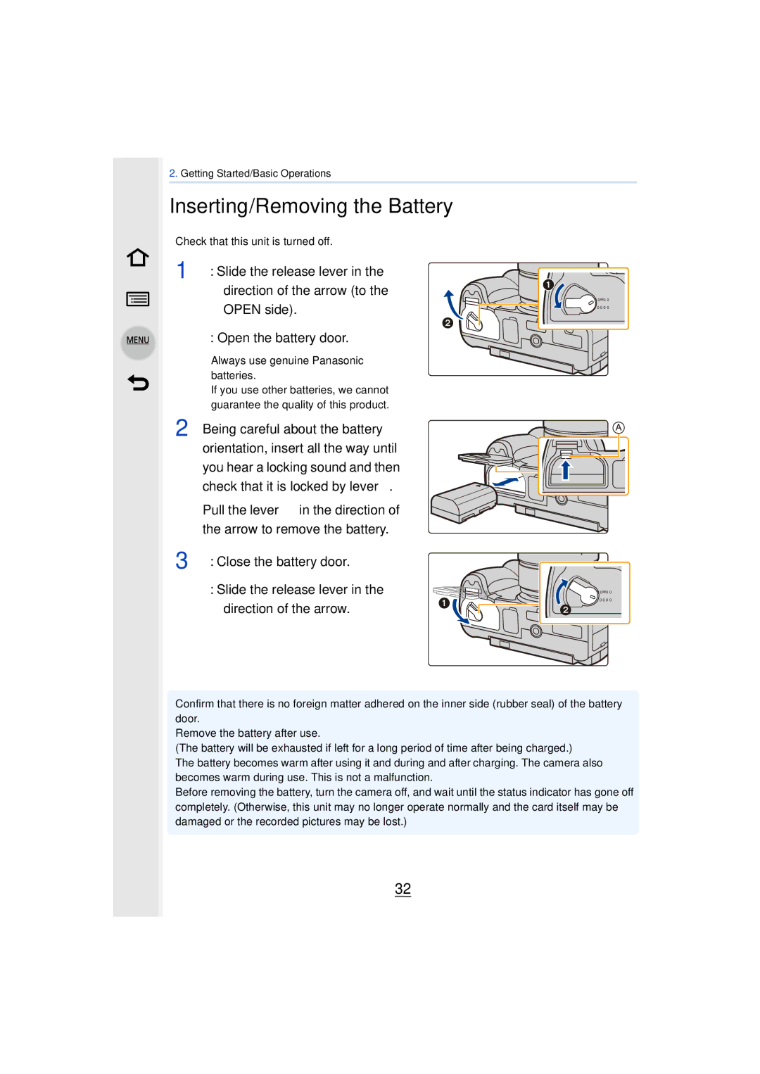 Panasonic DMCGH4KBODY, DMCGH4YAGH owner manual Inserting/Removing the Battery 