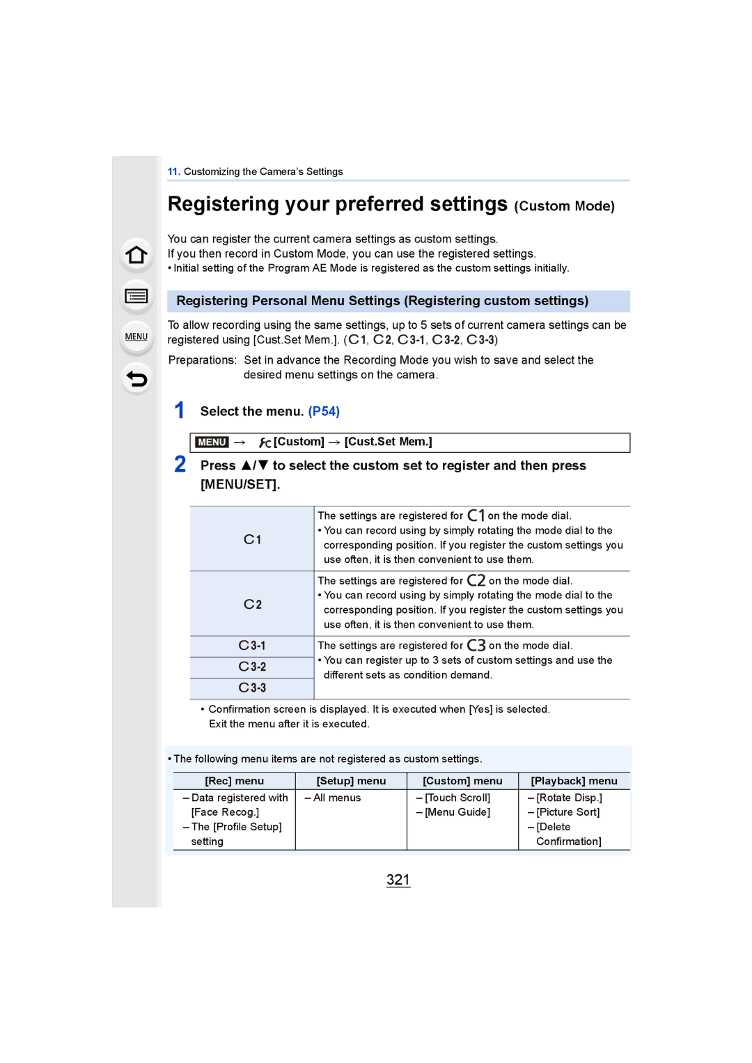 Panasonic DMCGH4YAGH, DMCGH4KBODY owner manual Registering your preferred settings Custom Mode, 321, Custom Cust.Set Mem 