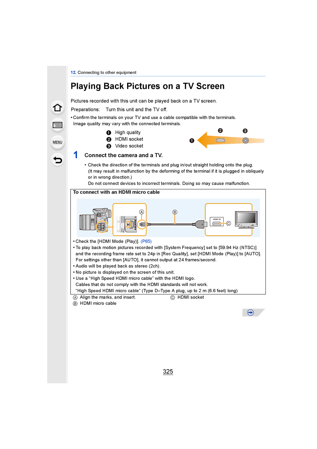 Panasonic DMCGH4YAGH, DMCGH4KBODY owner manual Playing Back Pictures on a TV Screen, 325, Connect the camera and a TV 