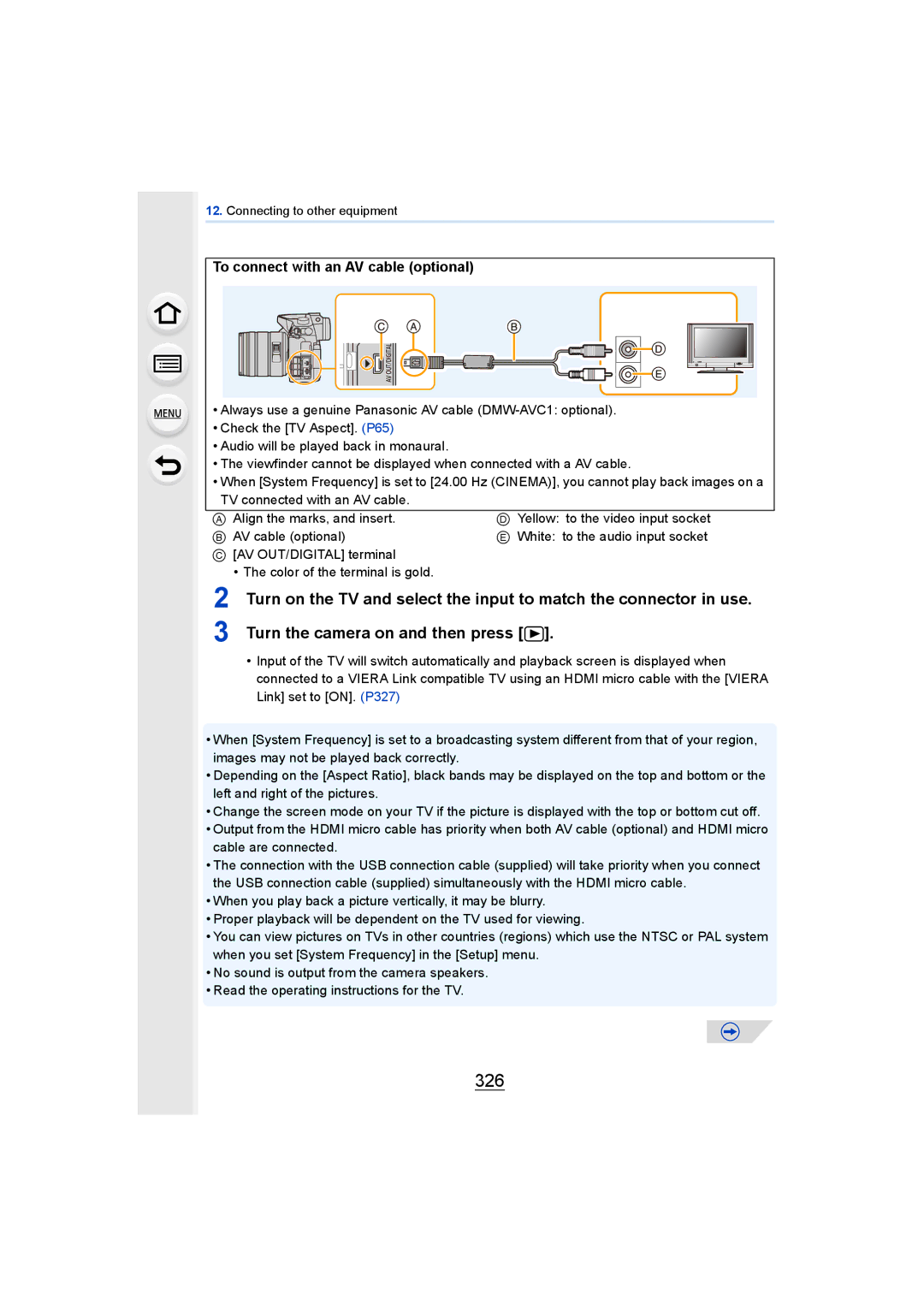 Panasonic DMCGH4KBODY, DMCGH4YAGH owner manual 326, To connect with an AV cable optional 