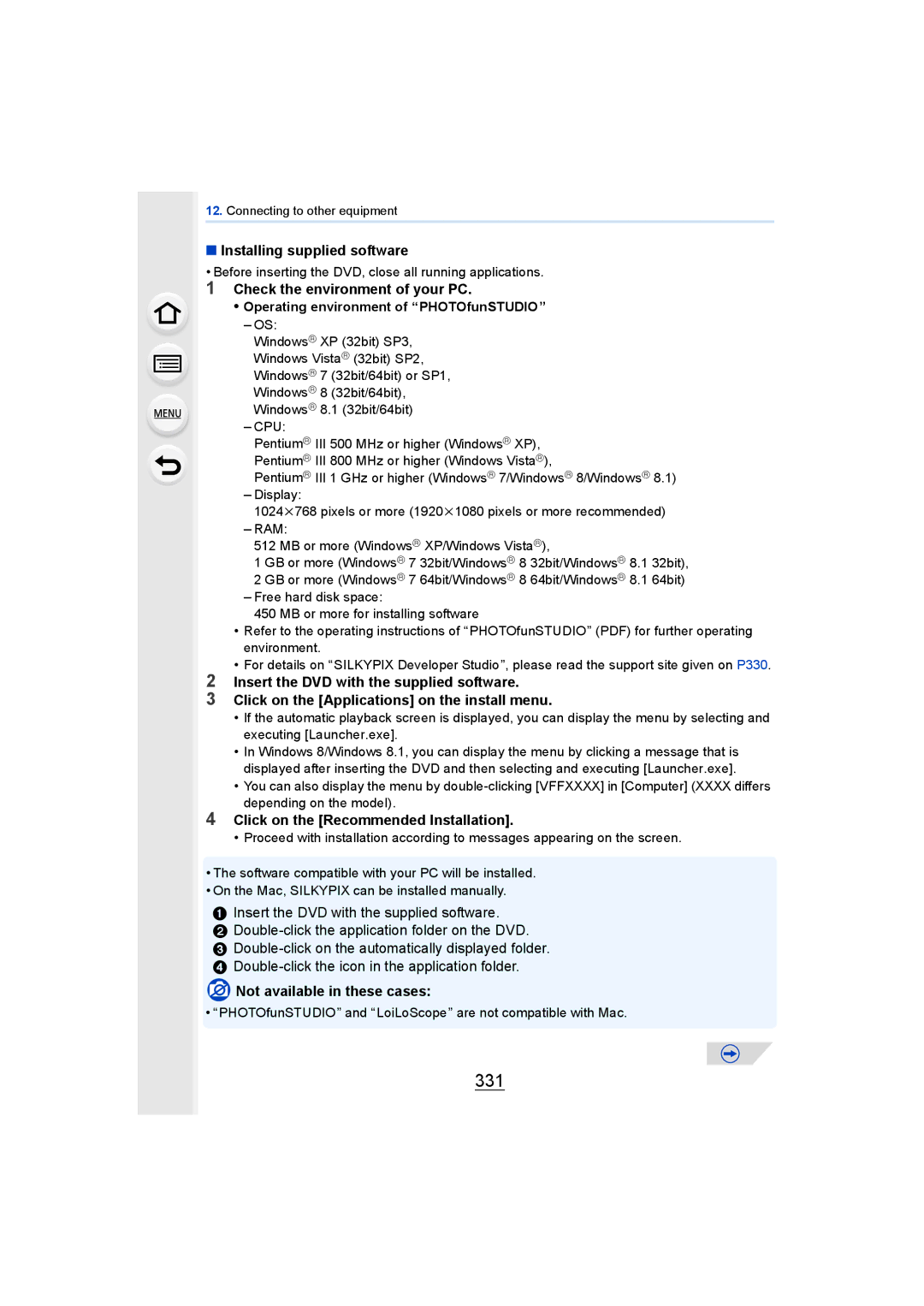 Panasonic DMCGH4YAGH, DMCGH4KBODY owner manual 331, Installing supplied software, Check the environment of your PC 