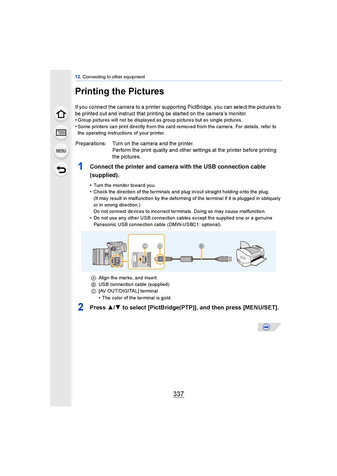 Panasonic DMCGH4YAGH, DMCGH4KBODY Printing the Pictures, 337, Press 3/4 to select PictBridgePTP, and then press MENU/SET 