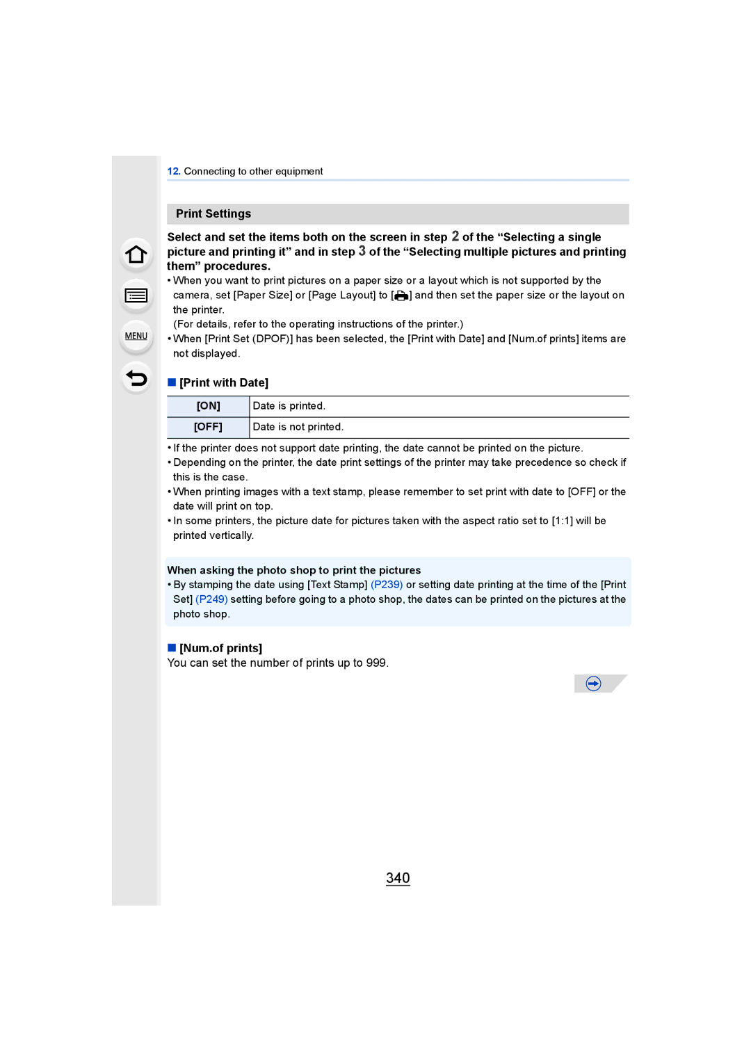 Panasonic DMCGH4KBODY, DMCGH4YAGH owner manual 340, Print with Date, Num.of prints, You can set the number of prints up to 