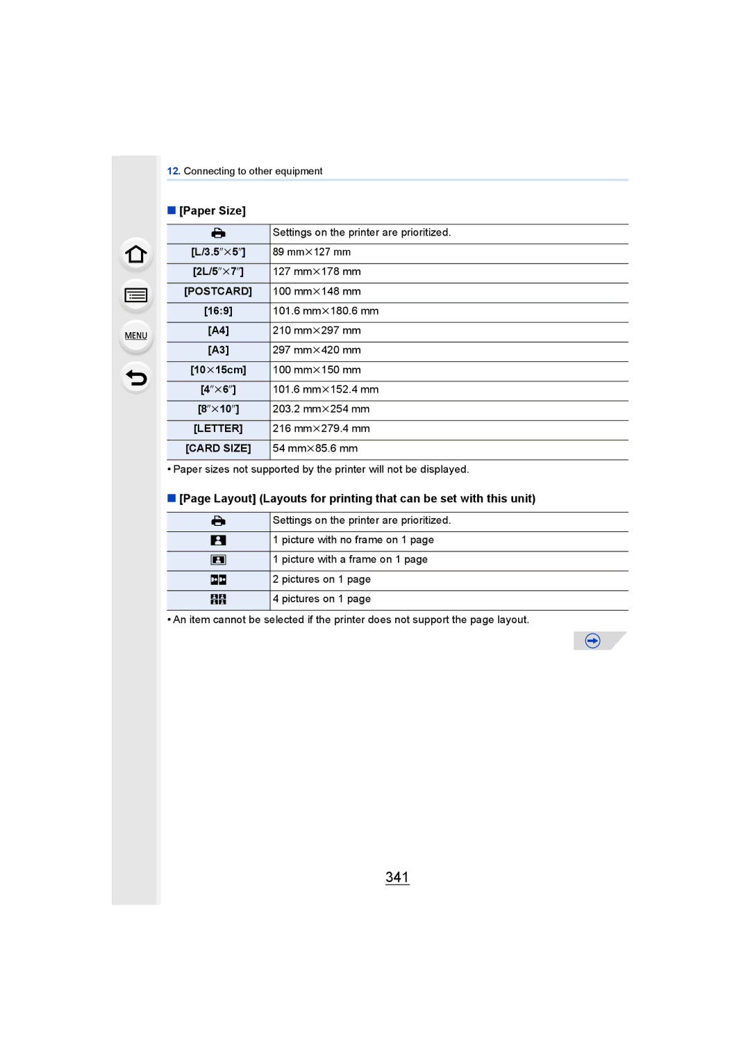 Panasonic DMCGH4YAGH, DMCGH4KBODY owner manual 341, Paper Size, Layout Layouts for printing that can be set with this unit 