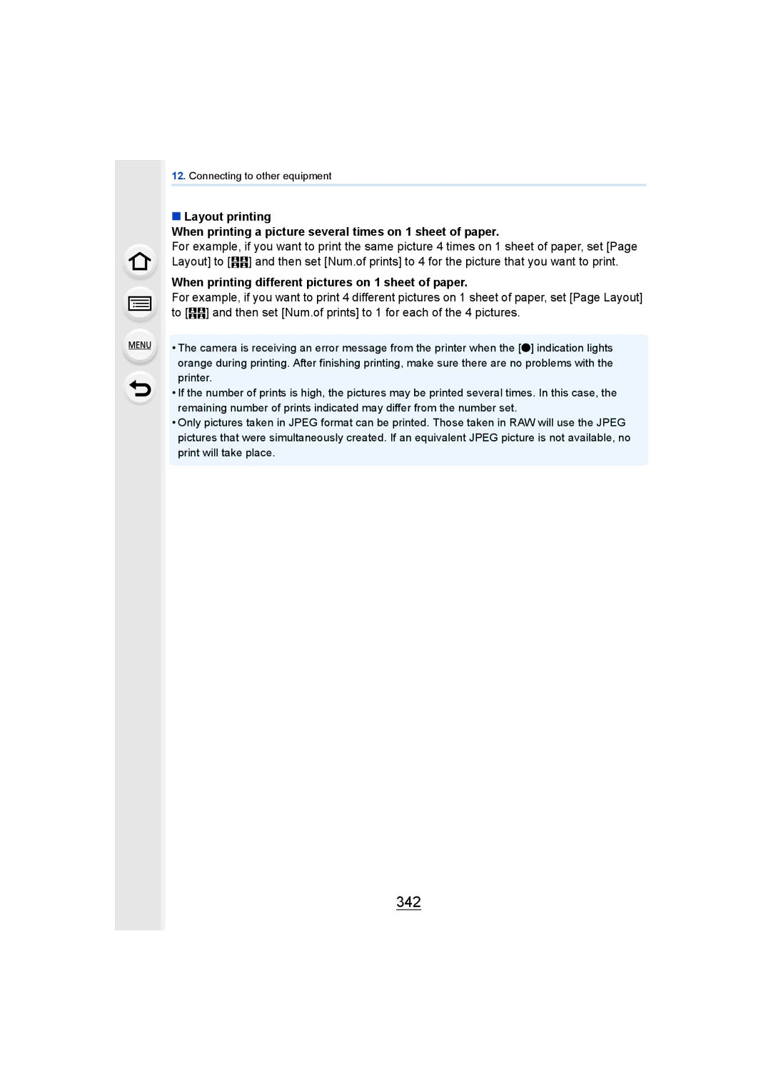 Panasonic DMCGH4KBODY, DMCGH4YAGH owner manual 342, When printing different pictures on 1 sheet of paper 