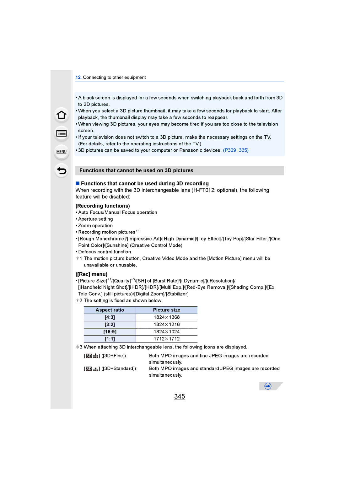 Panasonic DMCGH4YAGH, DMCGH4KBODY owner manual 345, Recording functions, Rec menu 