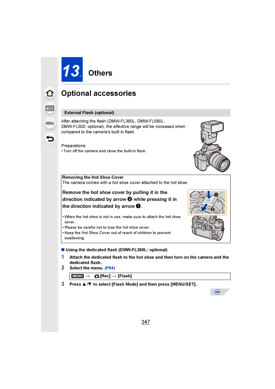 Panasonic DMCGH4YAGH, DMCGH4KBODY Others Optional accessories, 347, External Flash optional, Removing the Hot Shoe Cover 