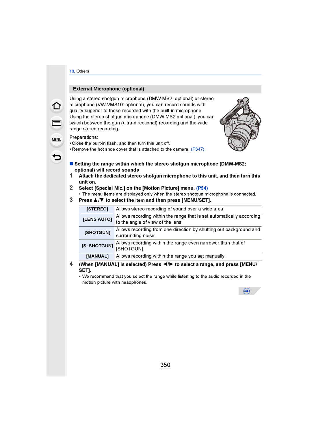 Panasonic DMCGH4KBODY, DMCGH4YAGH owner manual 350, External Microphone optional 