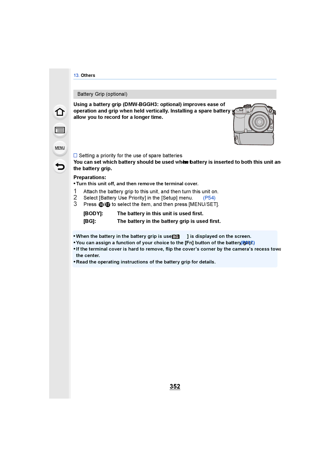 Panasonic DMCGH4KBODY, DMCGH4YAGH owner manual 352, Battery Grip optional, Setting a priority for the use of spare batteries 