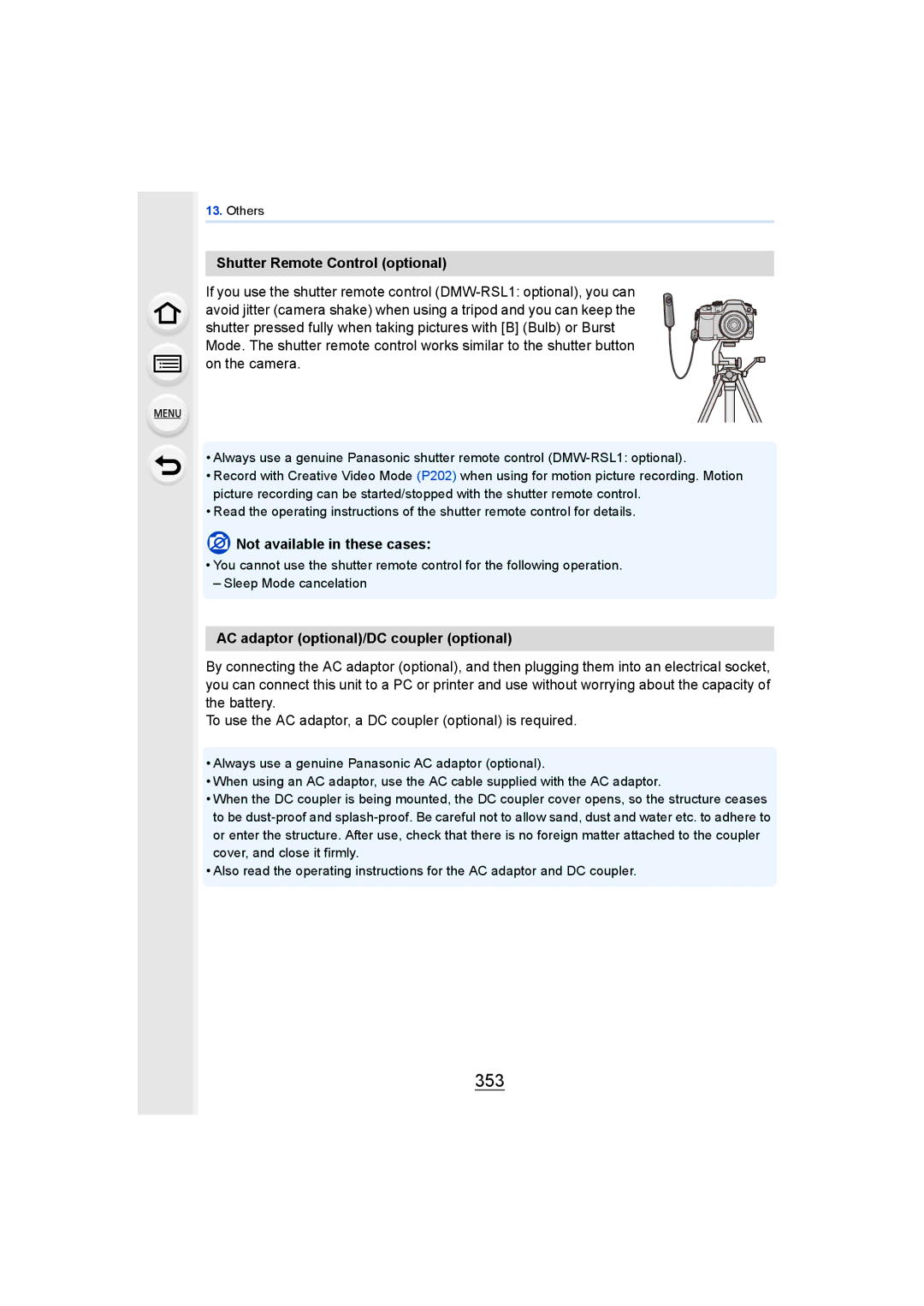 Panasonic DMCGH4YAGH, DMCGH4KBODY owner manual 353, Shutter Remote Control optional, AC adaptor optional/DC coupler optional 
