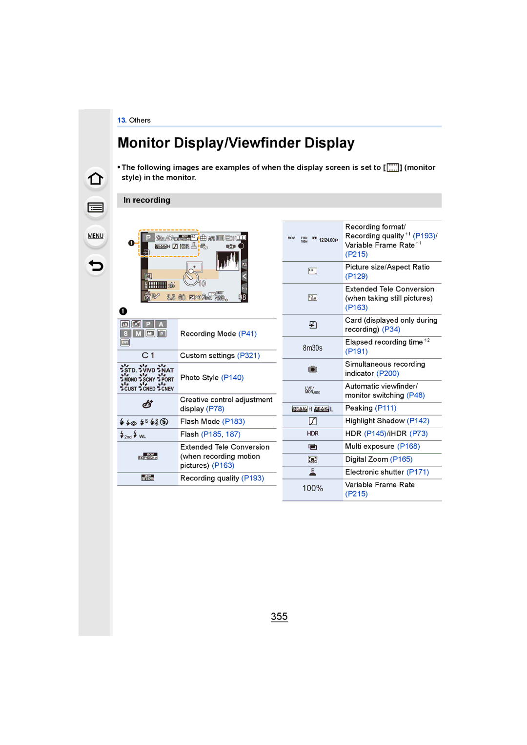 Panasonic DMCGH4YAGH, DMCGH4KBODY owner manual Monitor Display/Viewfinder Display, 355 