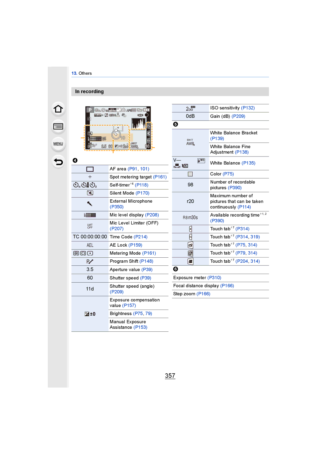 Panasonic DMCGH4YAGH, DMCGH4KBODY owner manual 357, TC 00000000 Time Code P214, 11d, 0dB 