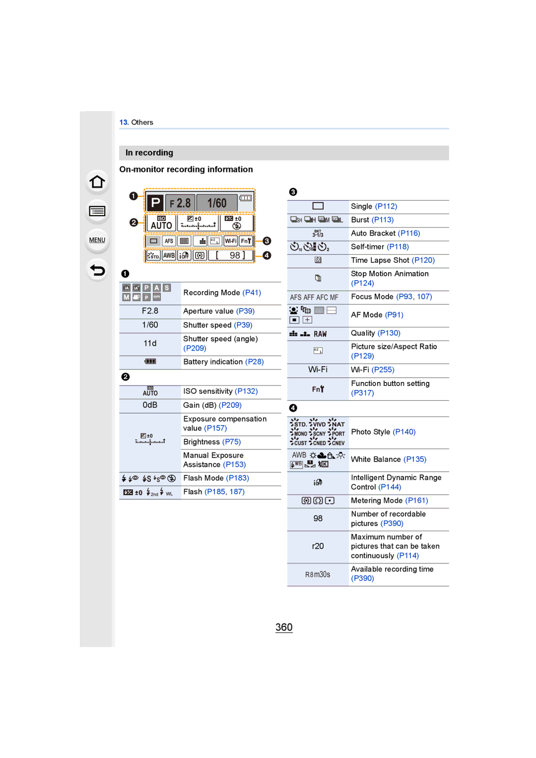 Panasonic DMCGH4KBODY, DMCGH4YAGH owner manual 360, Recording On-monitor recording information, F2.8, Wi-Fi 