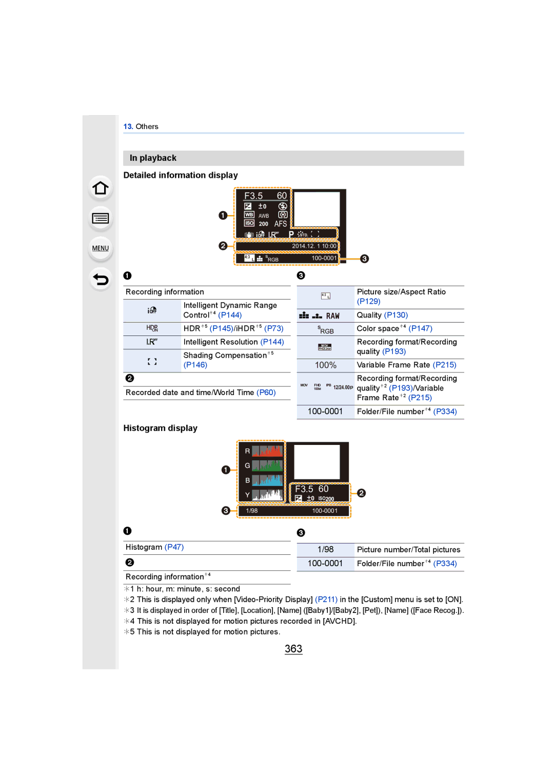 Panasonic DMCGH4YAGH, DMCGH4KBODY owner manual 363, Playback Detailed information display, 100-0001 