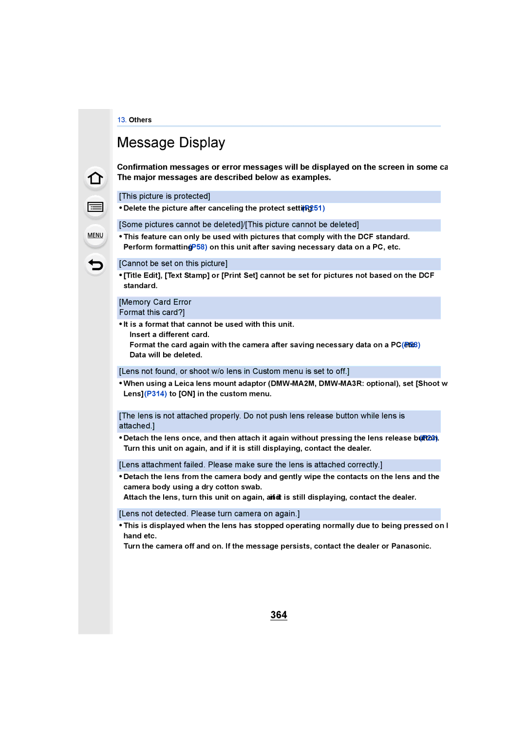 Panasonic DMCGH4KBODY, DMCGH4YAGH Message Display, 364, This picture is protected, Cannot be set on this picture 