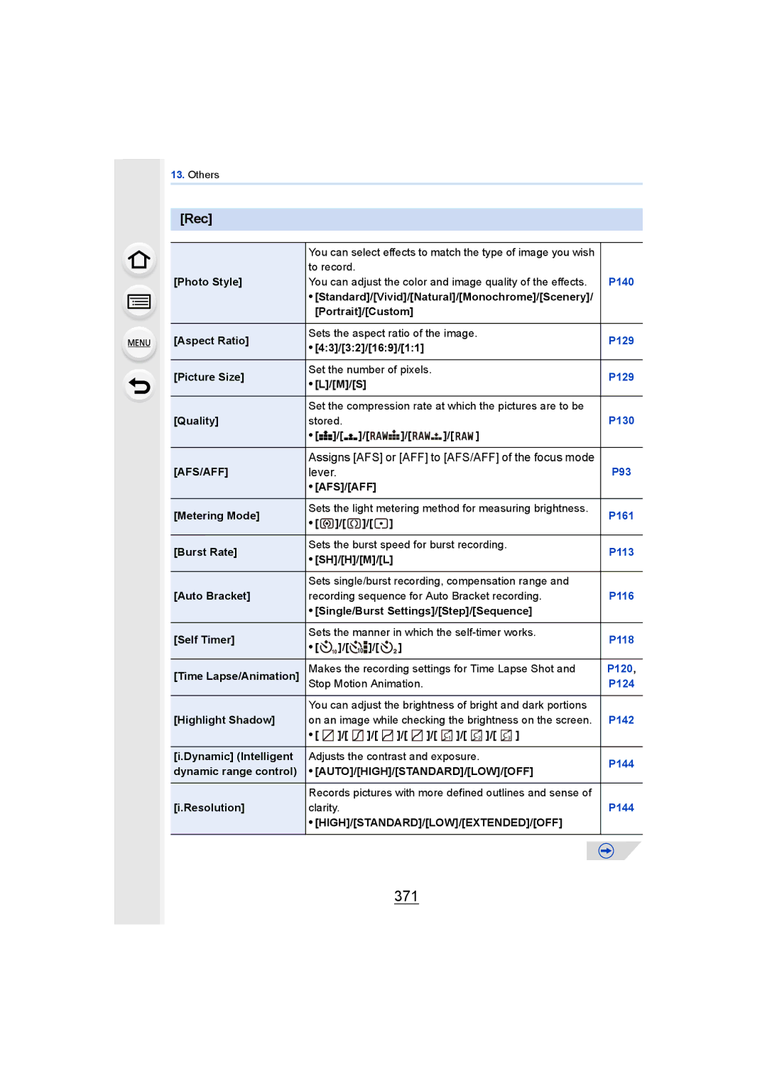 Panasonic DMCGH4YAGH, DMCGH4KBODY owner manual 371, Rec, Assigns AFS or AFF to AFS/AFF of the focus mode, Lever 