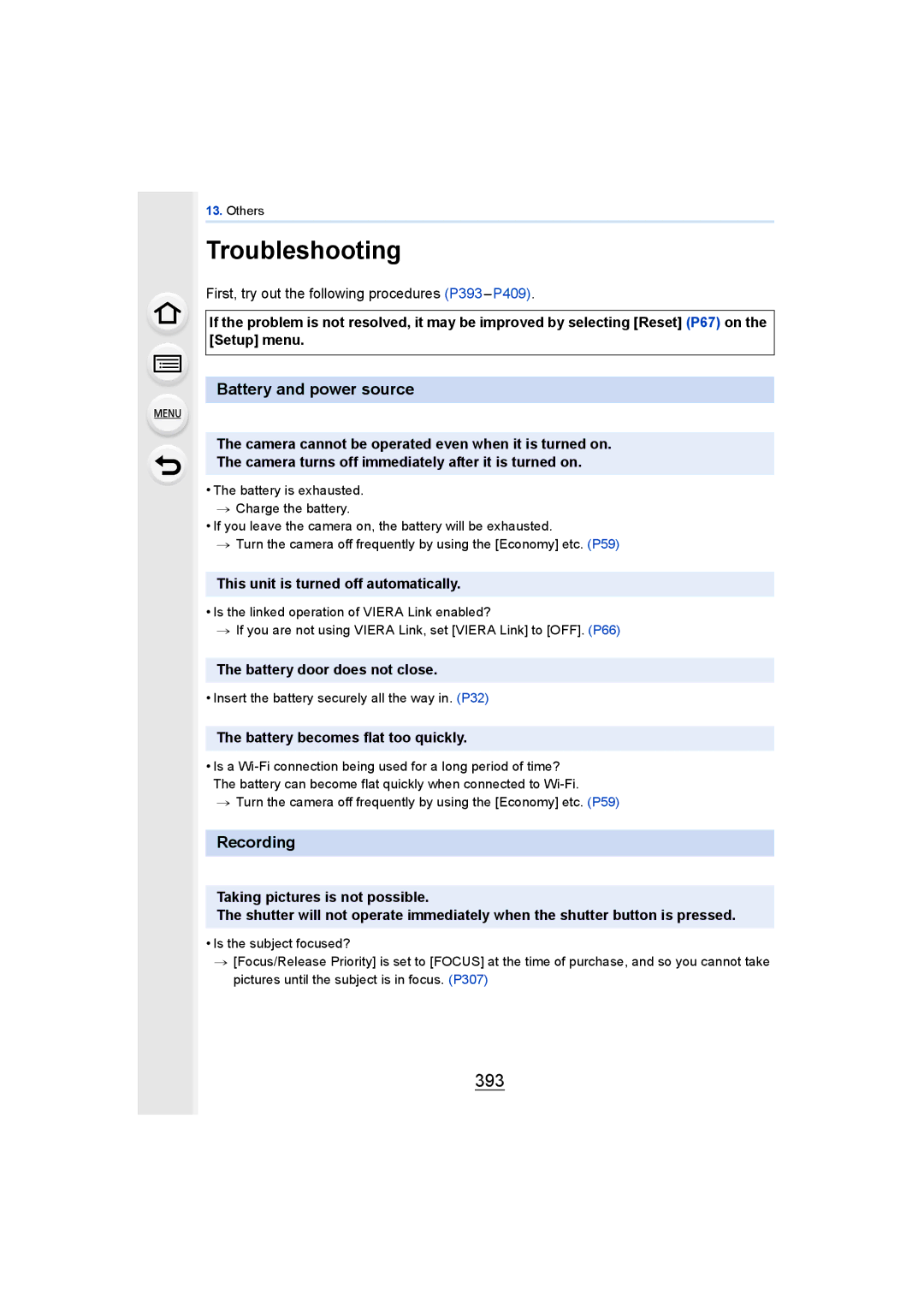 Panasonic DMCGH4YAGH, DMCGH4KBODY owner manual Troubleshooting, 393, Battery and power source, Recording 