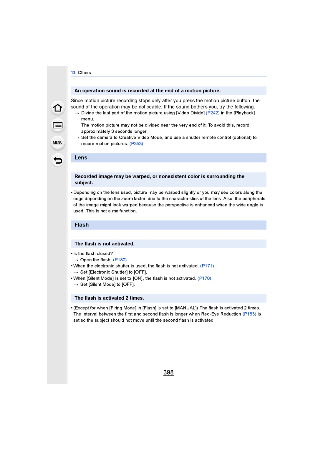 Panasonic DMCGH4KBODY, DMCGH4YAGH owner manual 398, Lens, Flash is not activated, Flash is activated 2 times 