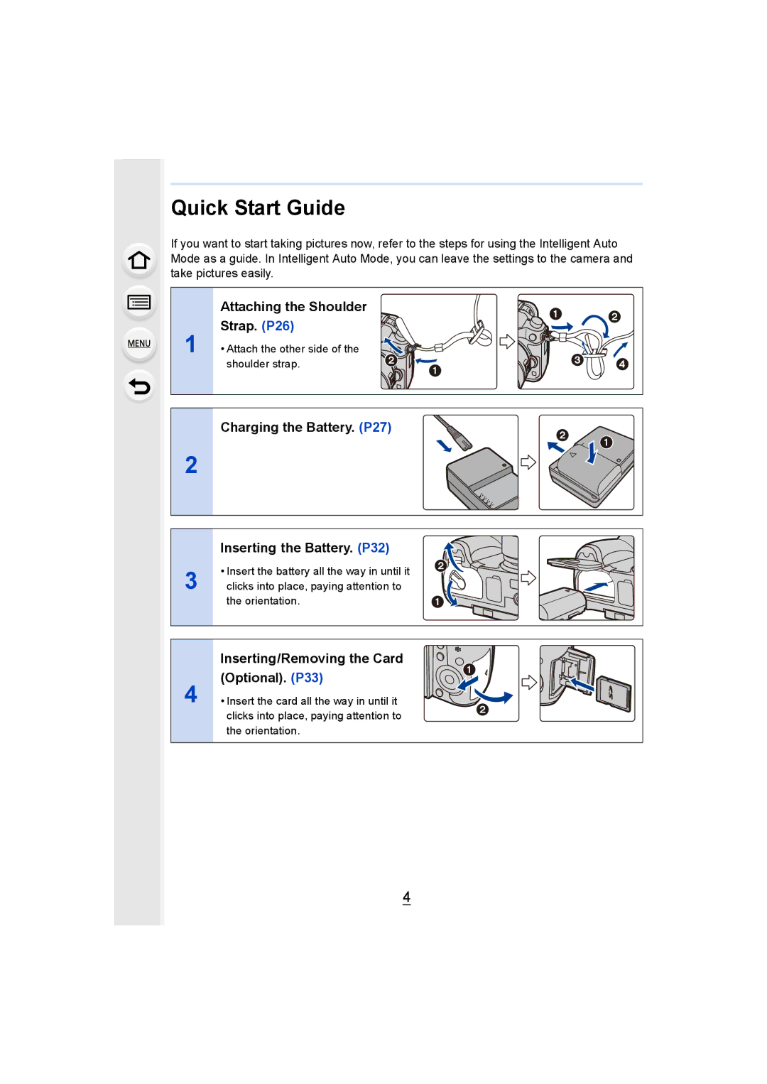 Panasonic DMCGH4KBODY, DMCGH4YAGH Quick Start Guide, Attaching the Shoulder Strap. P26, Inserting the Battery. P32 