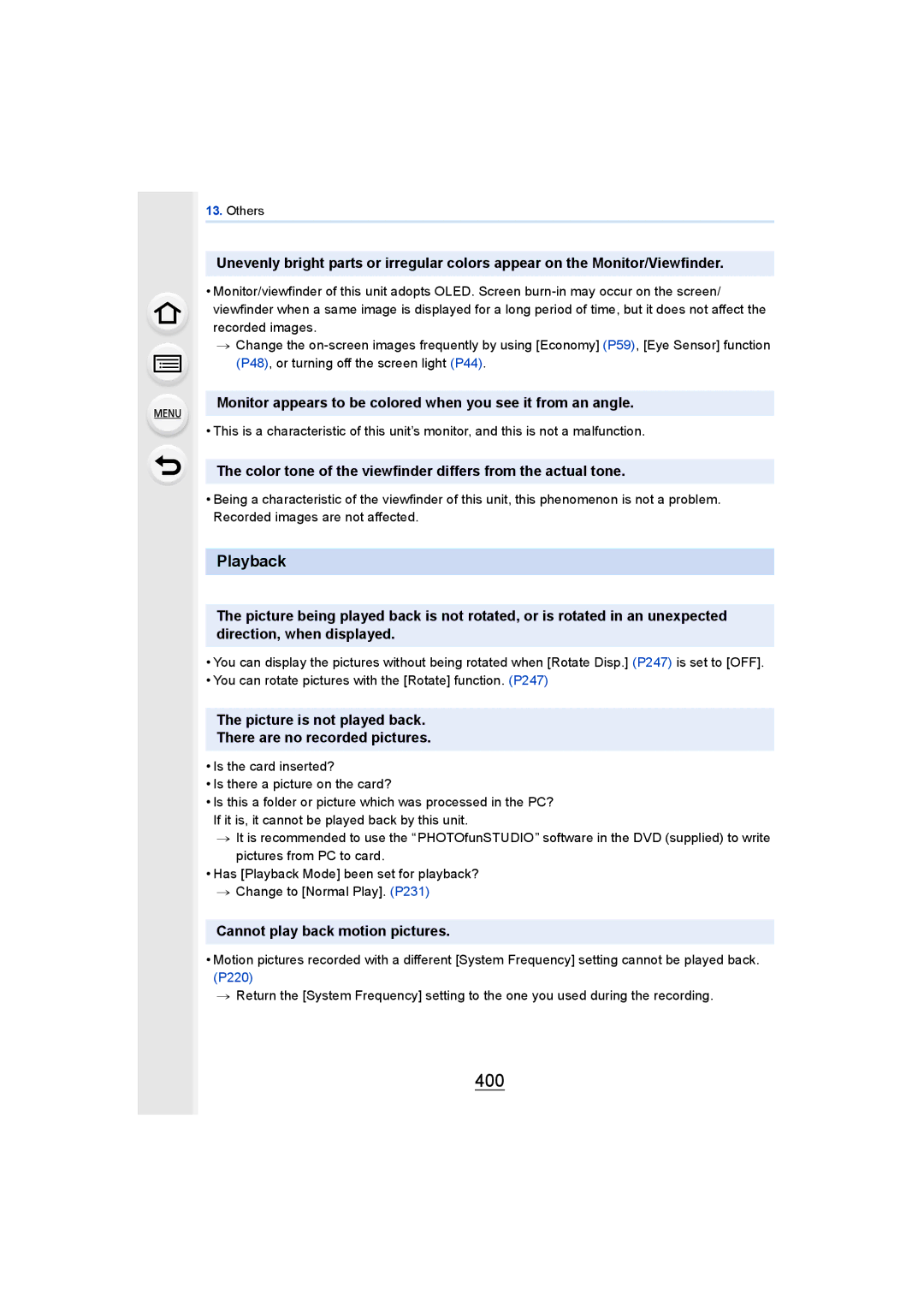 Panasonic DMCGH4KBODY 400, Monitor appears to be colored when you see it from an angle, Cannot play back motion pictures 