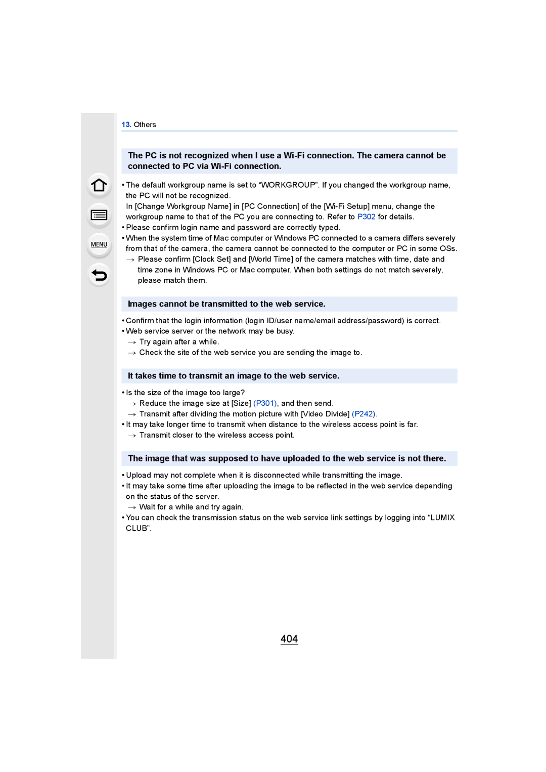 Panasonic DMCGH4KBODY, DMCGH4YAGH owner manual 404, Images cannot be transmitted to the web service 