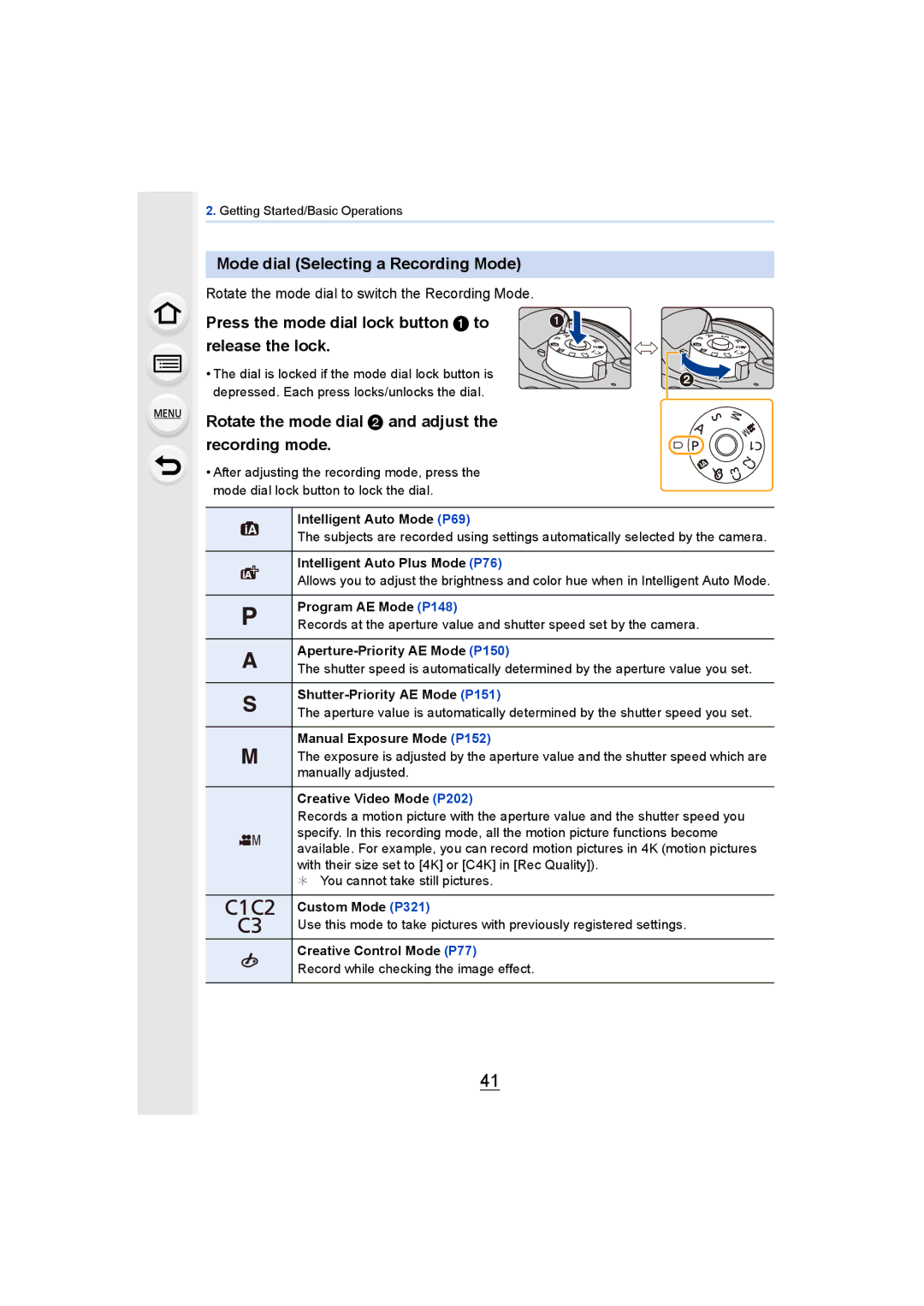 Panasonic DMCGH4YAGH Mode dial Selecting a Recording Mode, Press the mode dial lock button 1 to release the lock 