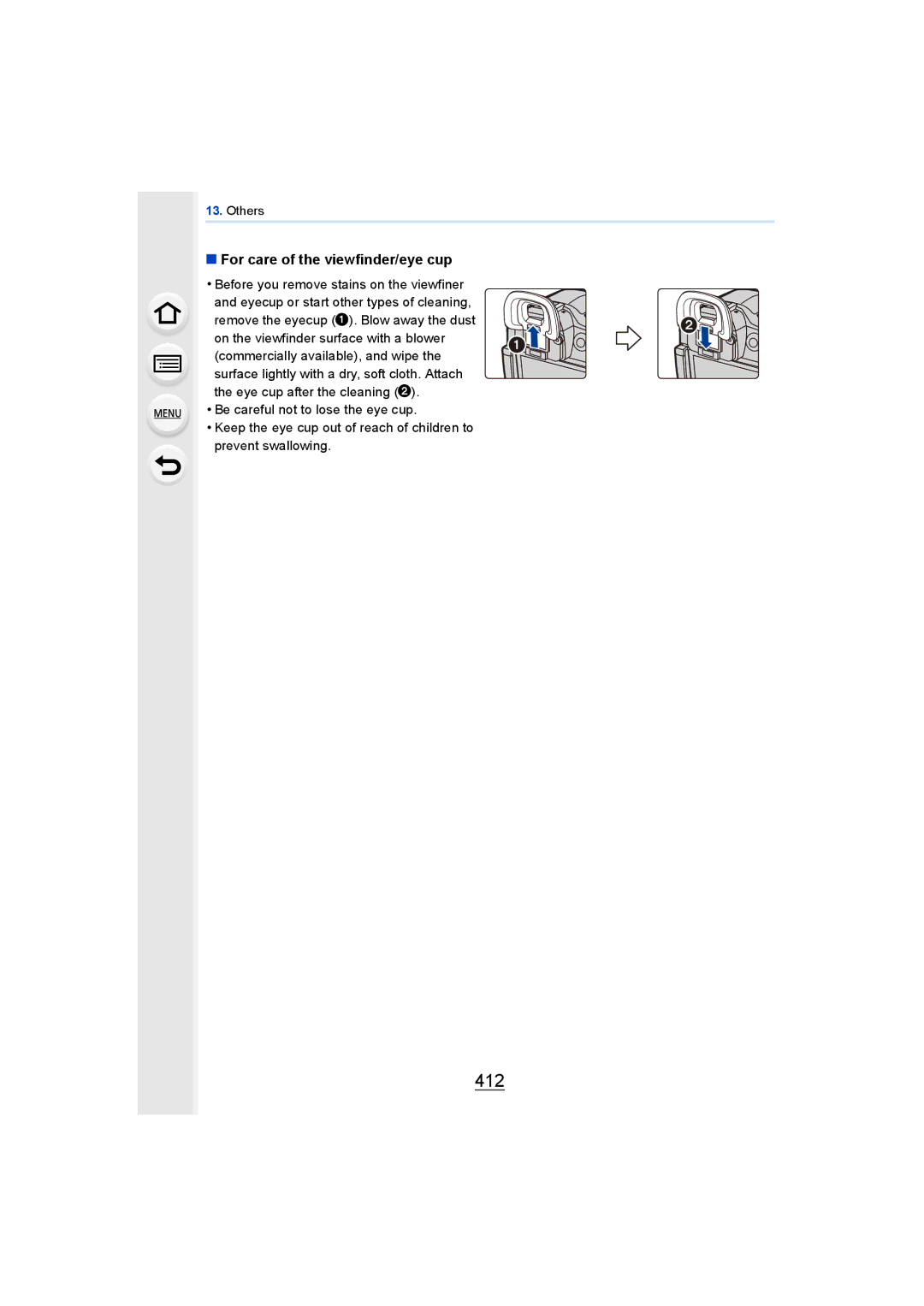 Panasonic DMCGH4KBODY, DMCGH4YAGH owner manual 412, For care of the viewfinder/eye cup 