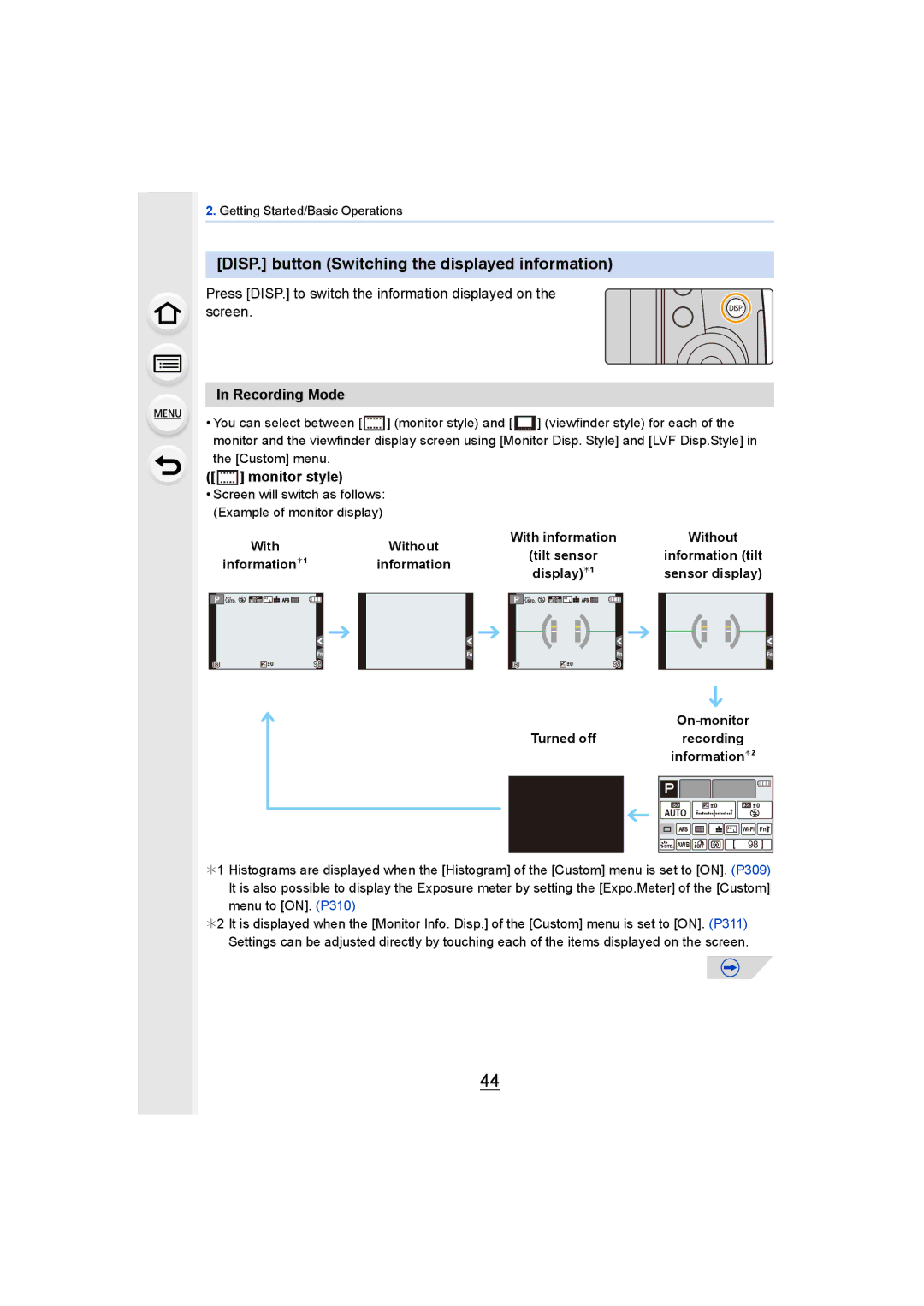 Panasonic DMCGH4KBODY, DMCGH4YAGH DISP. button Switching the displayed information, Recording Mode, Monitor style 