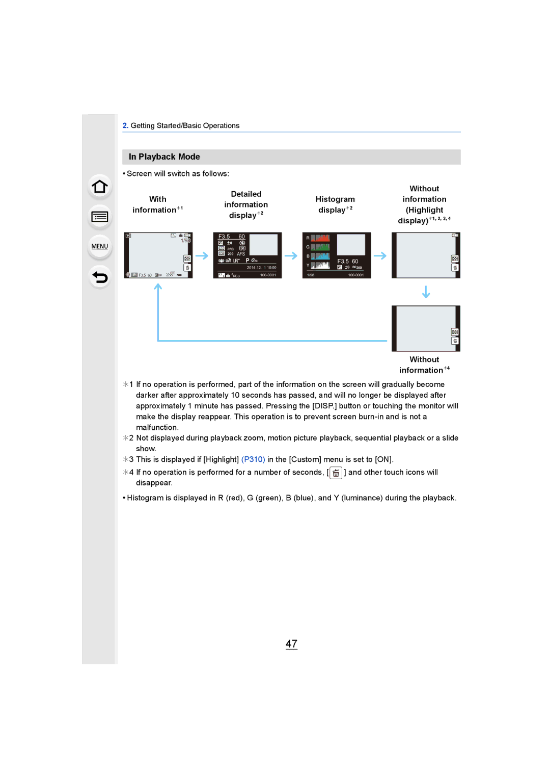 Panasonic DMCGH4YAGH, DMCGH4KBODY owner manual Playback Mode, Histogram Without Information, Highlight, Information ¢ 