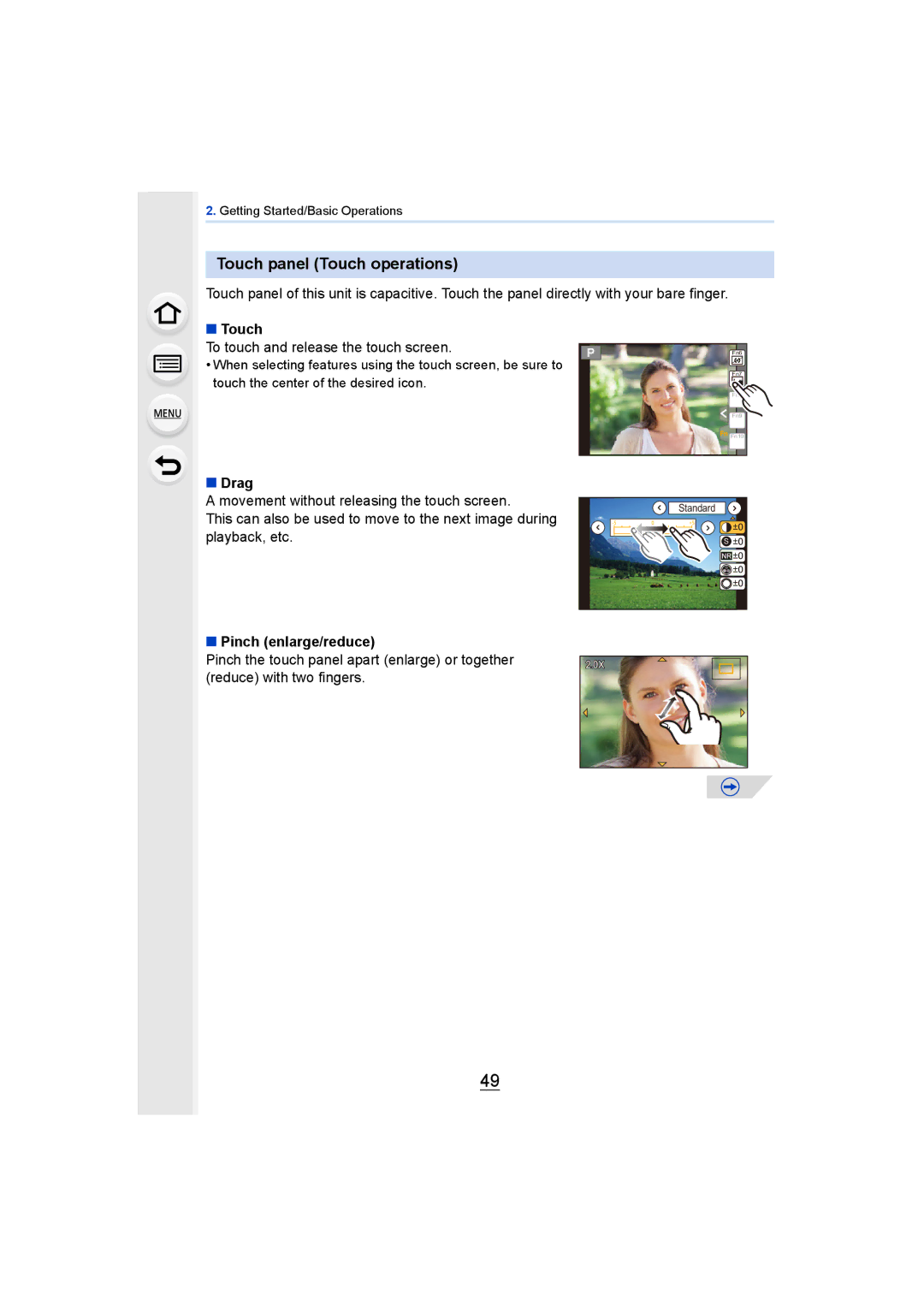 Panasonic DMCGH4YAGH Touch panel Touch operations, To touch and release the touch screen, Drag, Pinch enlarge/reduce 