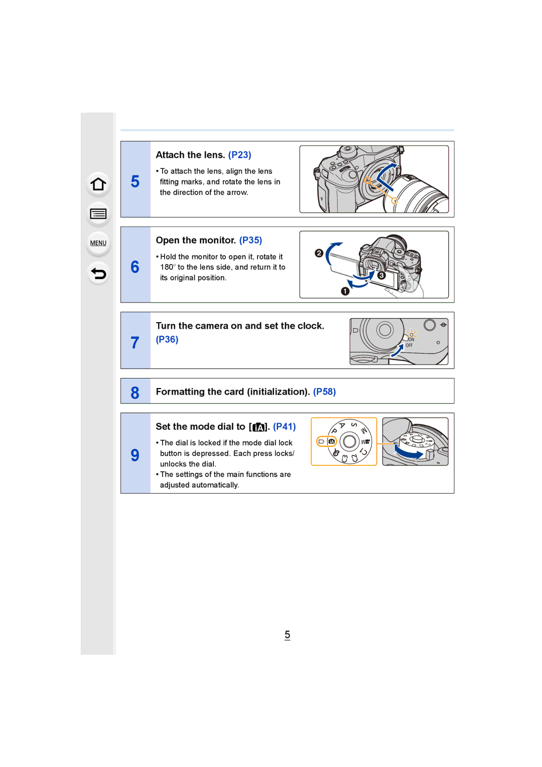 Panasonic DMCGH4YAGH, DMCGH4KBODY owner manual Attach the lens. P23, Open the monitor. P35, Set the mode dial to . P41 