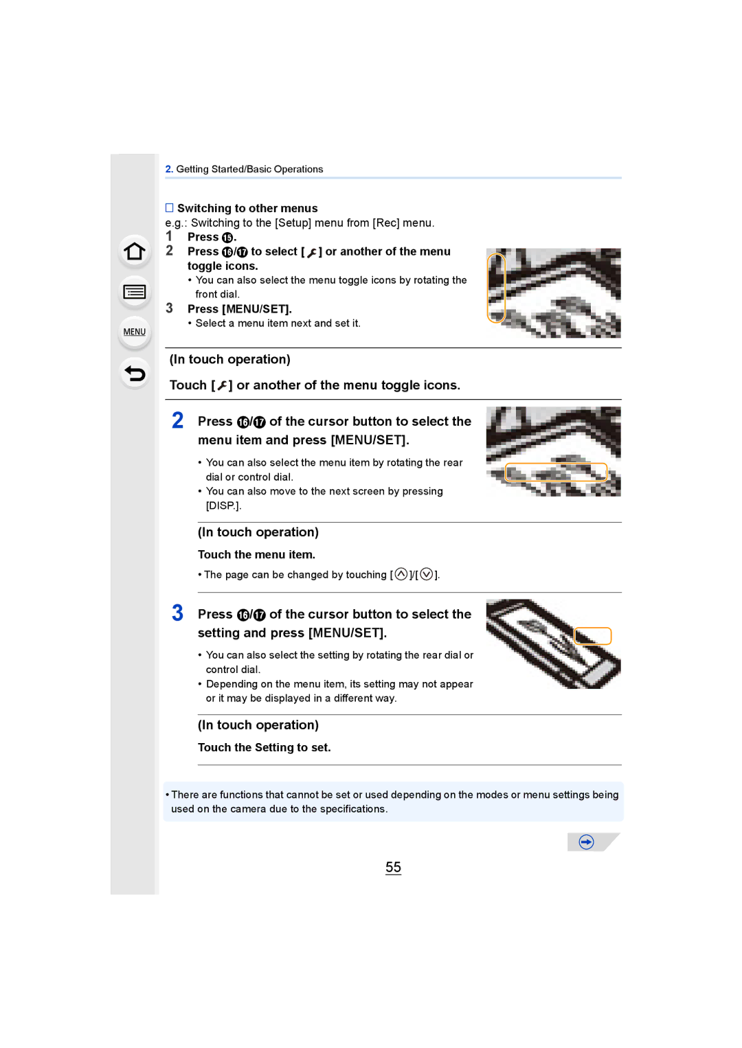 Panasonic DMCGH4YAGH, DMCGH4KBODY Touch operation, Switching to other menus, Press MENU/SET, Touch the menu item 