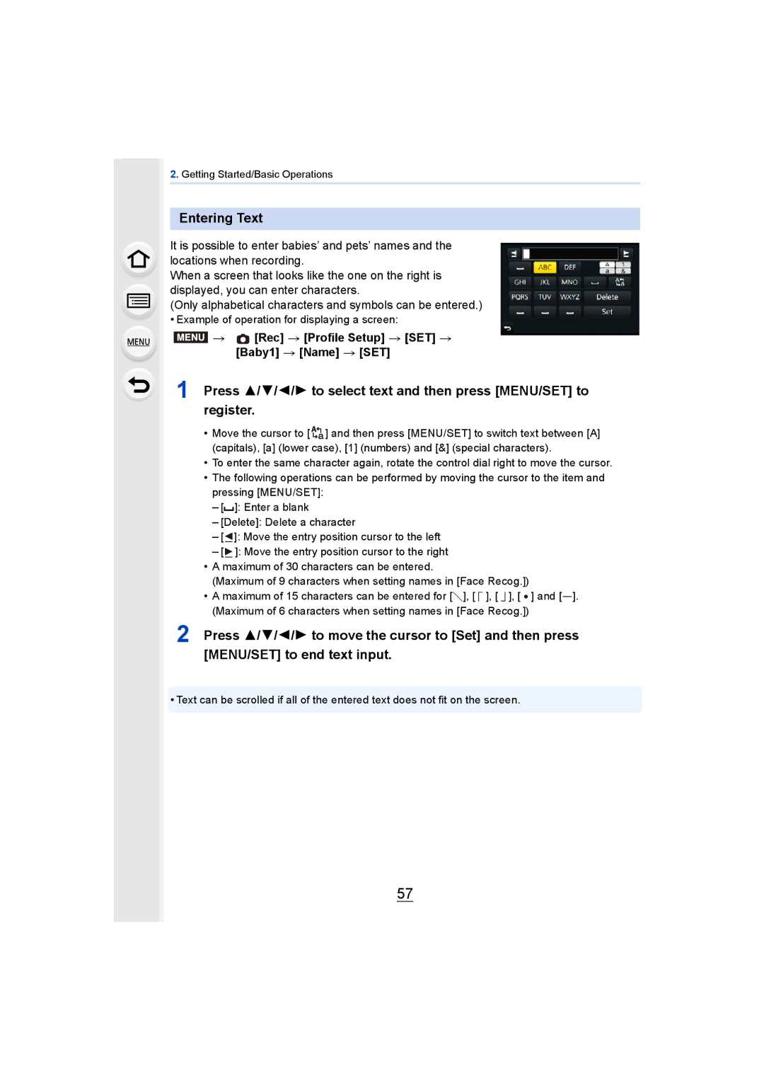 Panasonic DMCGH4YAGH, DMCGH4KBODY owner manual Entering Text, Rec Profile Setup SET Baby1 Name SET 