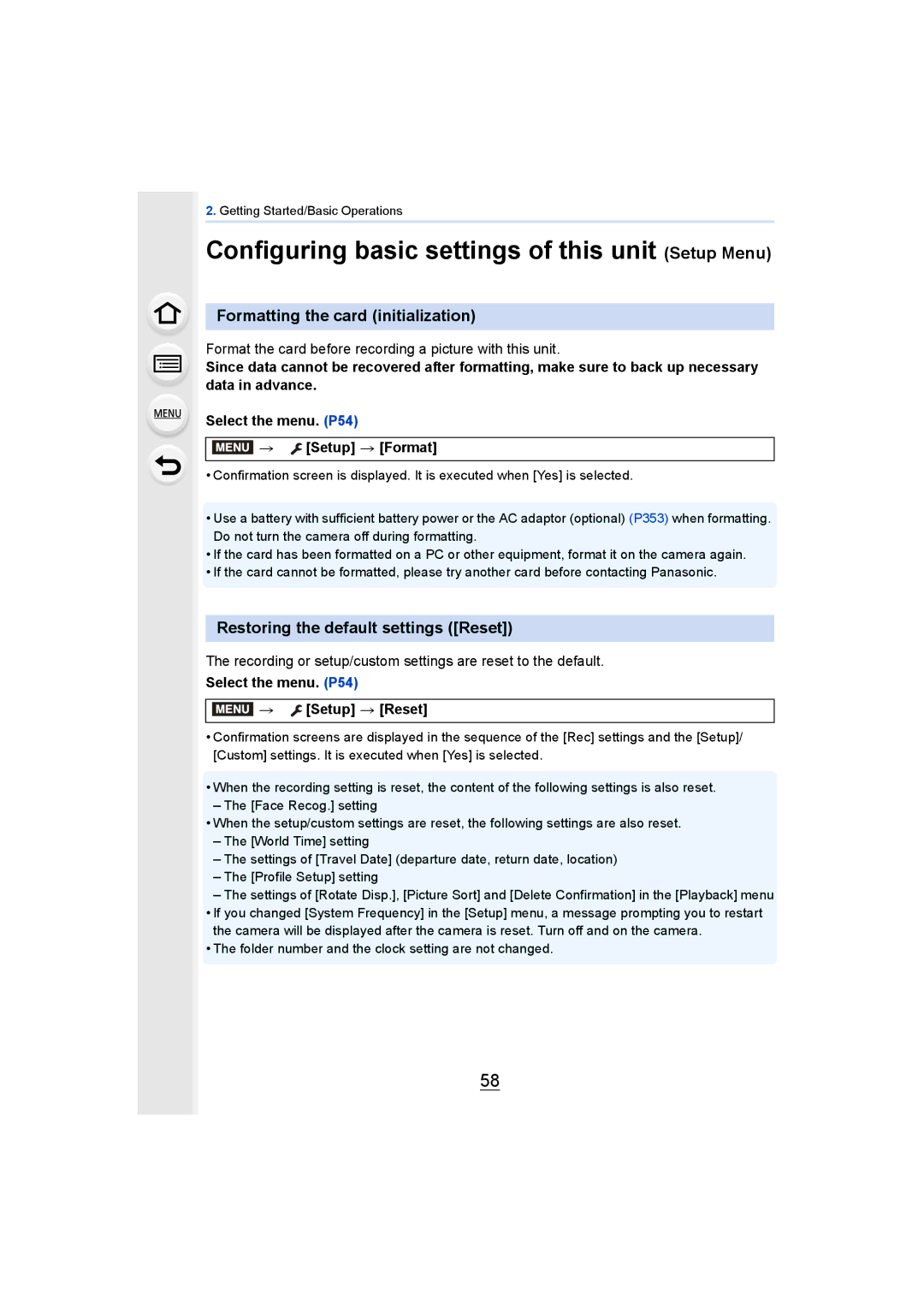 Panasonic DMCGH4KBODY, DMCGH4YAGH owner manual Formatting the card initialization, Restoring the default settings Reset 