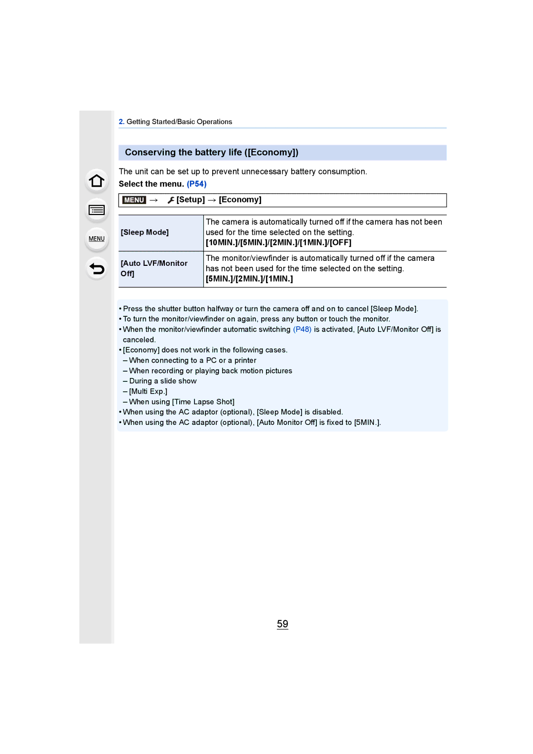 Panasonic DMCGH4YAGH Conserving the battery life Economy, Select the menu. P54 Setup Economy, 10MIN./5MIN./2MIN./1MIN./OFF 