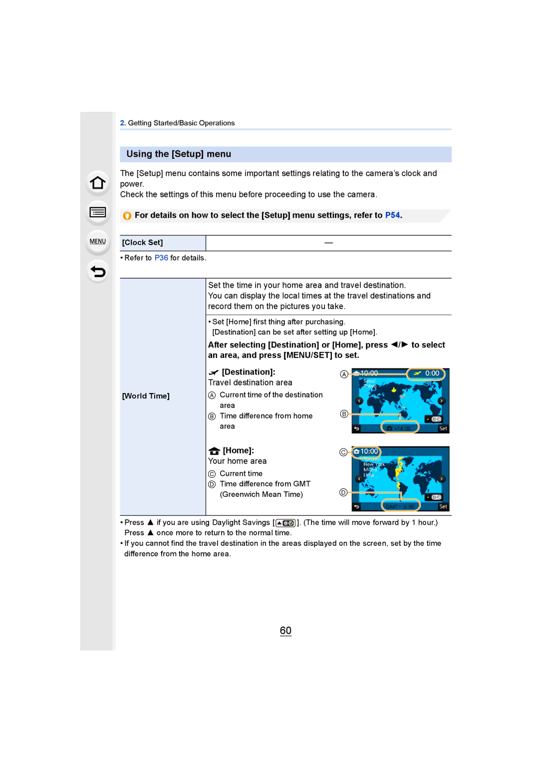 Panasonic DMCGH4KBODY Using the Setup menu, Destination Travel destination area, Home Your home area, Clock Set 