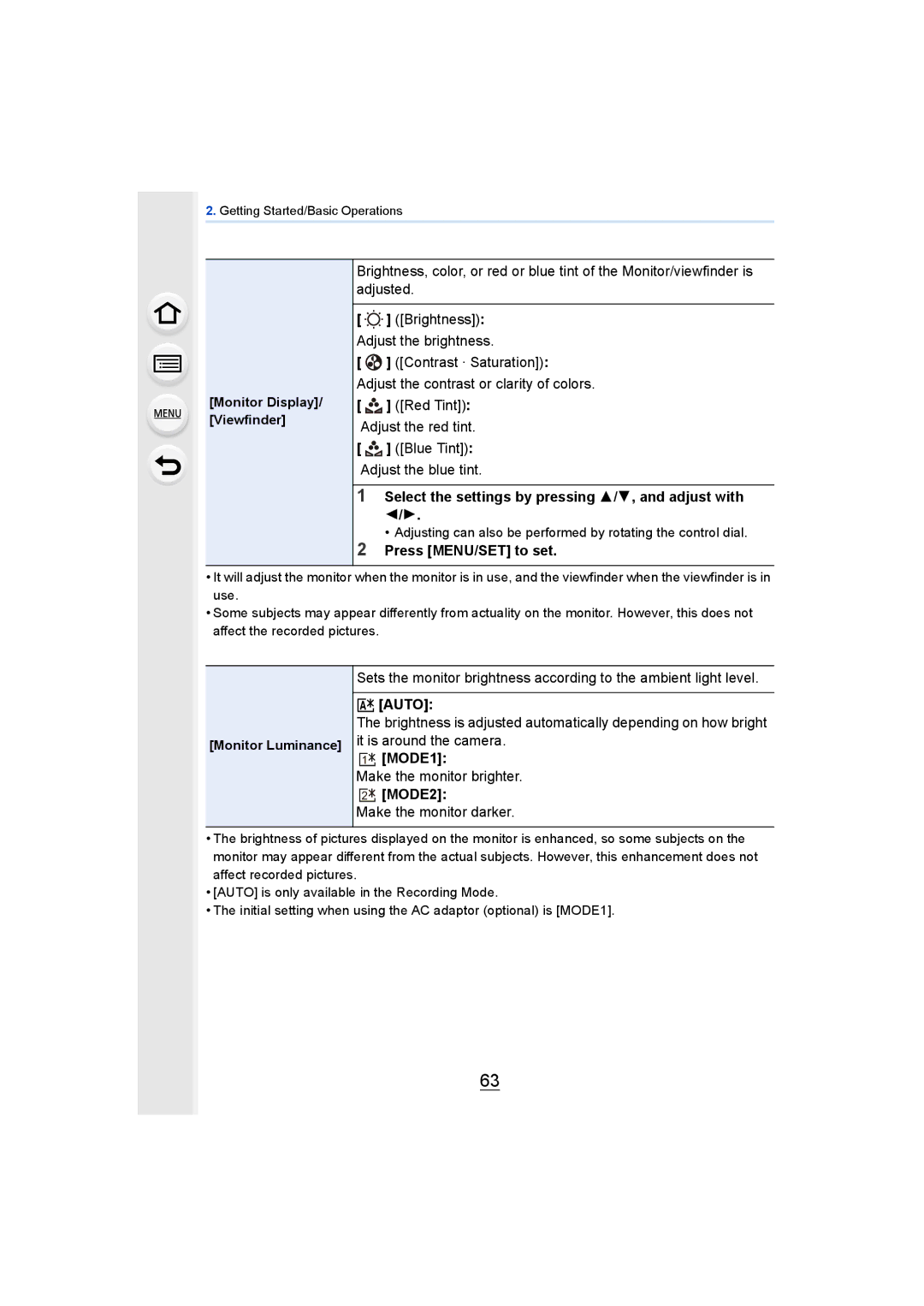 Panasonic DMCGH4YAGH Select the settings by pressing 3/4, and adjust with, Press MENU/SET to set, „ Auto, …1 MODE1 