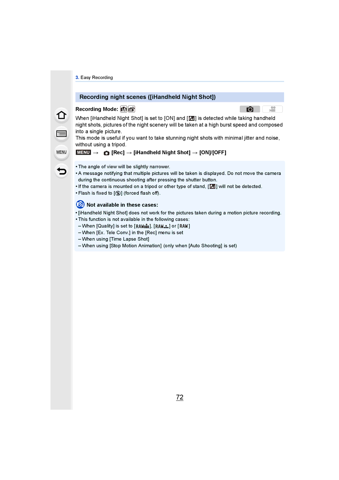 Panasonic DMCGH4KBODY, DMCGH4YAGH owner manual Recording night scenes iHandheld Night Shot, Rec iHandheld Night Shot ON/OFF 